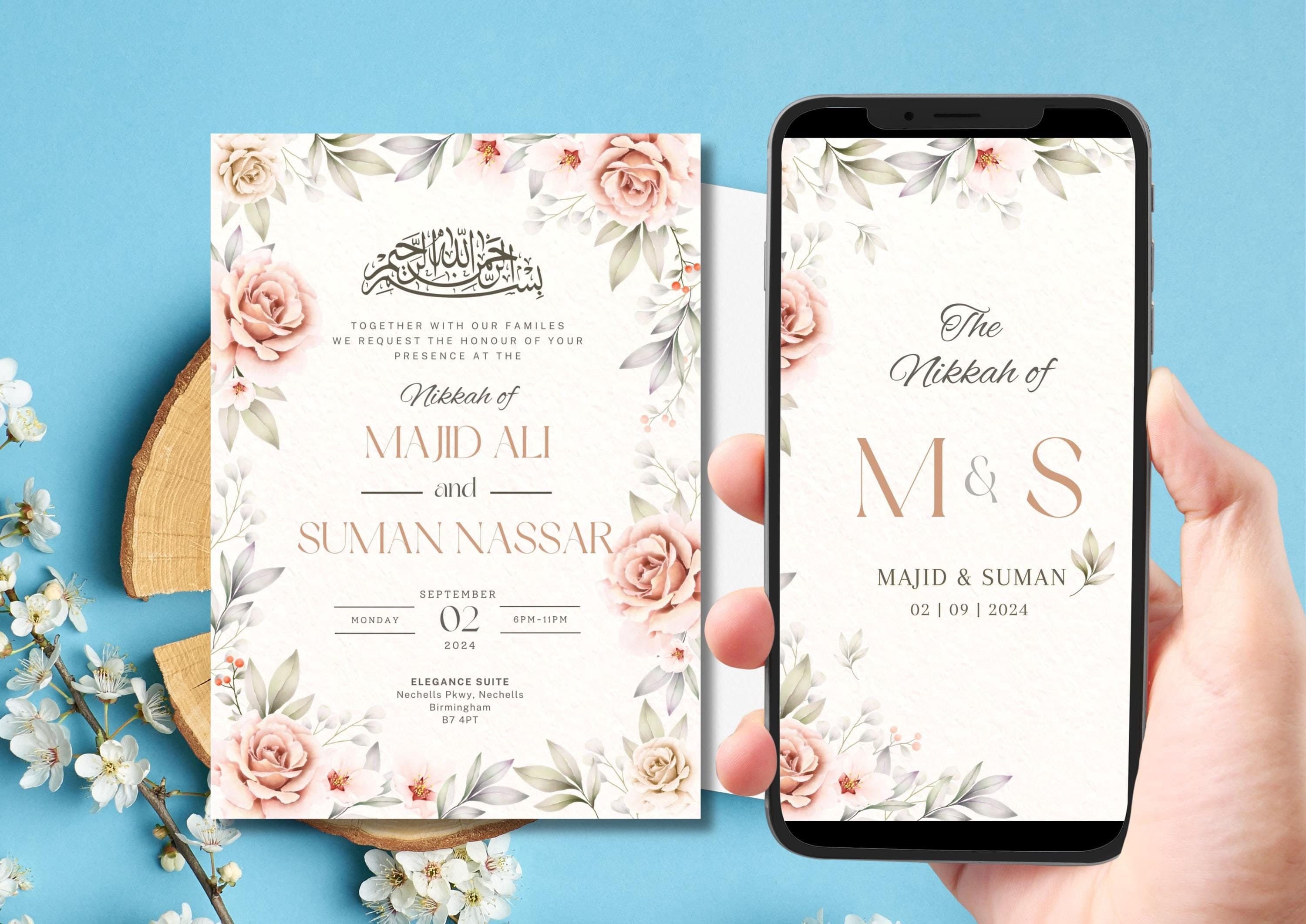Digital Muslim Wedding Invitation Template, Pink Floral Nikah Wedding Invitation, Editable Muslim Desi Invitation, Animated Wedding invite