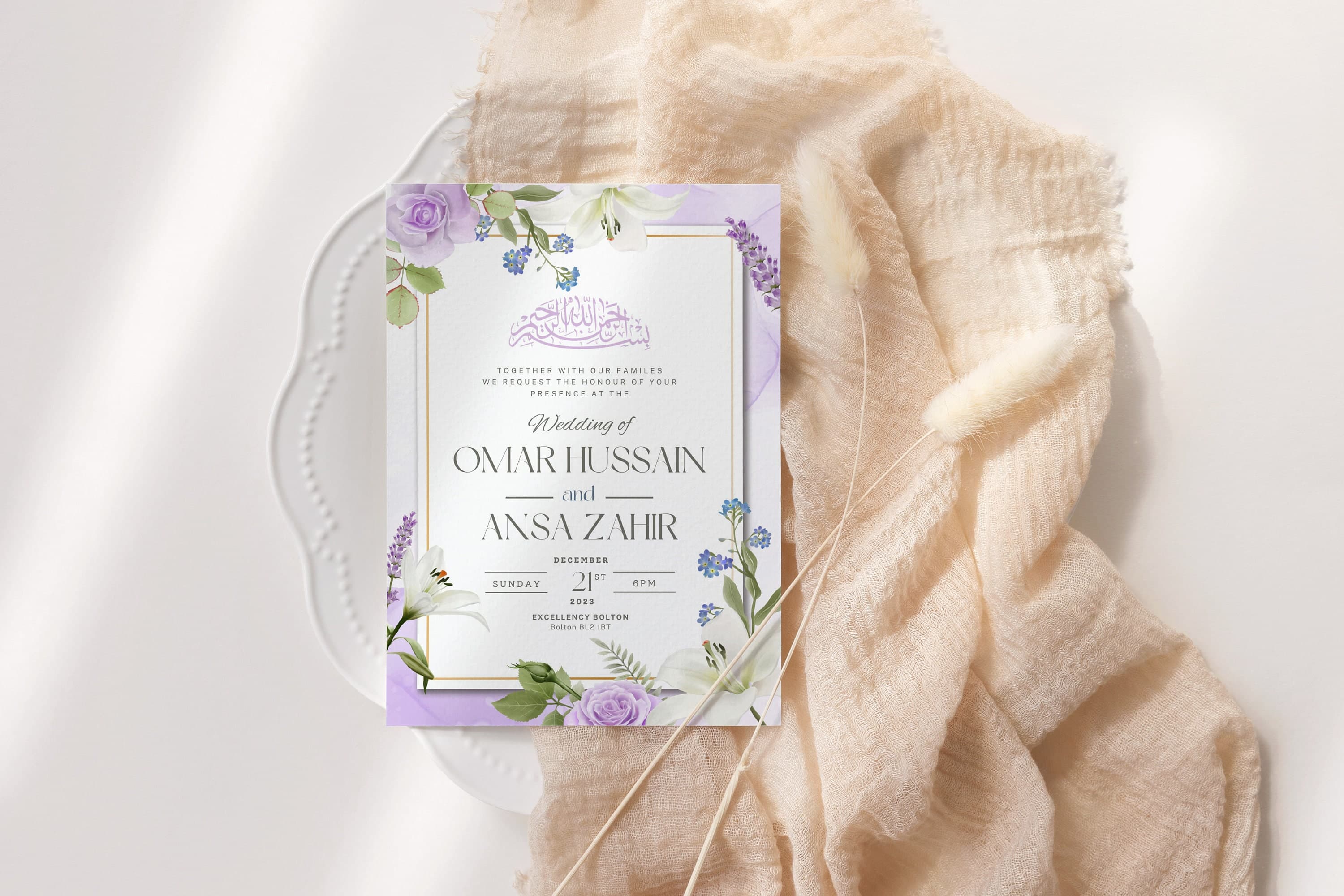 Digital Muslim Wedding Invitation Template, Electronic Purple Floral Green Nikkah Invitation, Nikkah Walimah Shaadi, Animated Wedding Invite - image 5