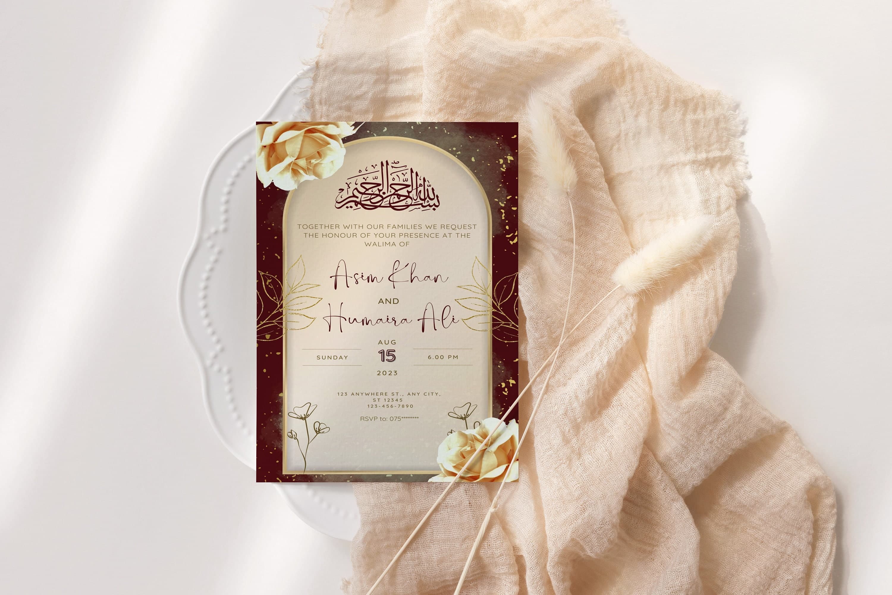 Digital Muslim Wedding Invitation Template, Nikkah Shaadi Baraat Burgundy Maroon Red invite, Animated Wedding Invitation, Wedding Invite - image 5