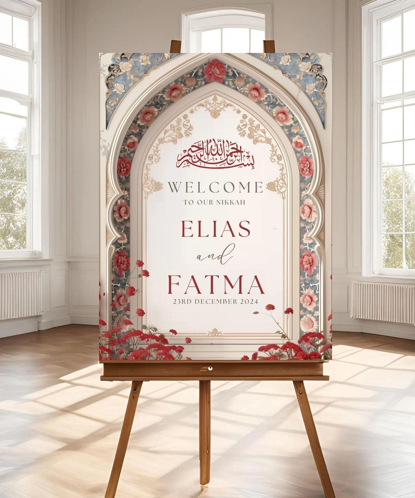 Mughal Arch Wedding Welcome Sign, A1, A2, A3, A4, Pakistani Wedding, Baraat Nikkah sign, Muslim Welcome Sign, Red flower Welcome Sign