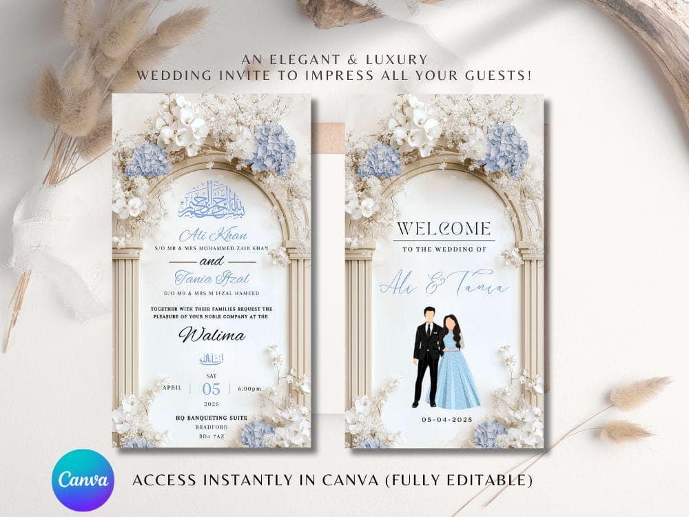 Editable Digital Muslim Wedding Invitation Template Nikkah Walima Blue floral invitation, Animated Wedding Invitation, Arch Wedding Invite - image 3