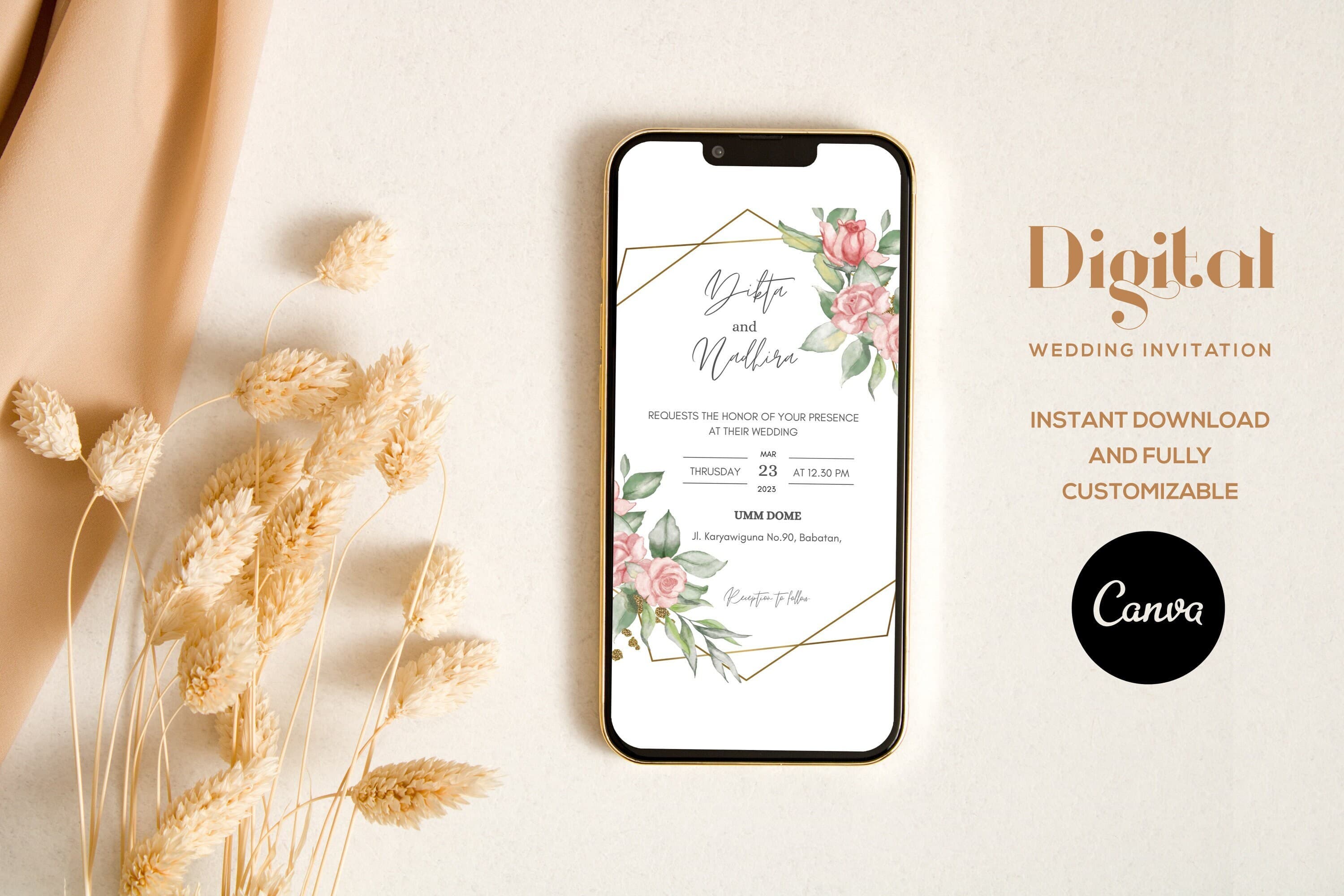Digital Wedding Invitation, Electronic Wedding Invite, Digital Wedding card, Floral Wedding E-invite, Smartphone Einvite, Instant Download