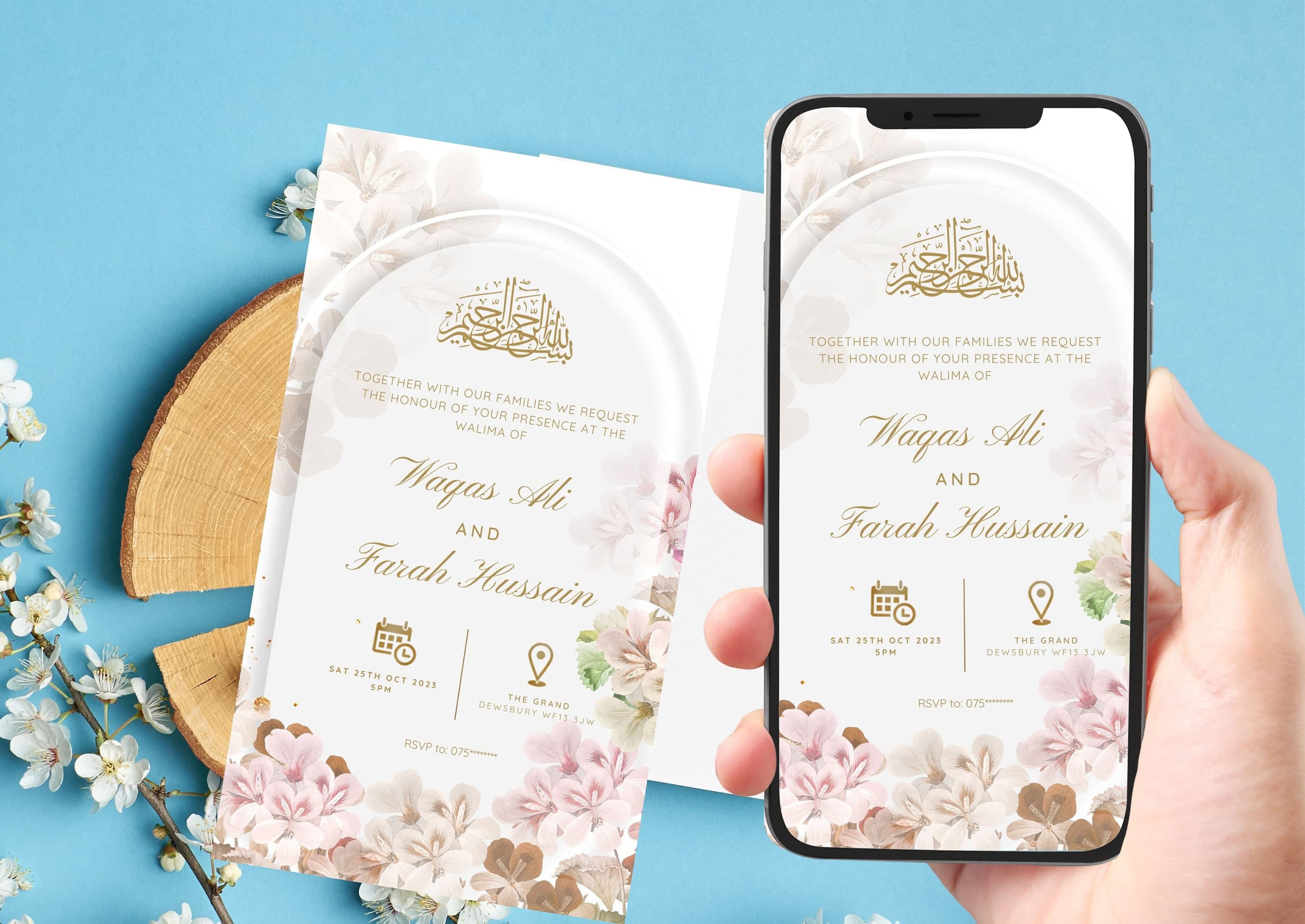 Editable Digital Muslim Wedding Invitation, Nikkah Walima Shaadi Baraat, Animated Wedding Invitation, Light Pink Green Wedding Invite, evite