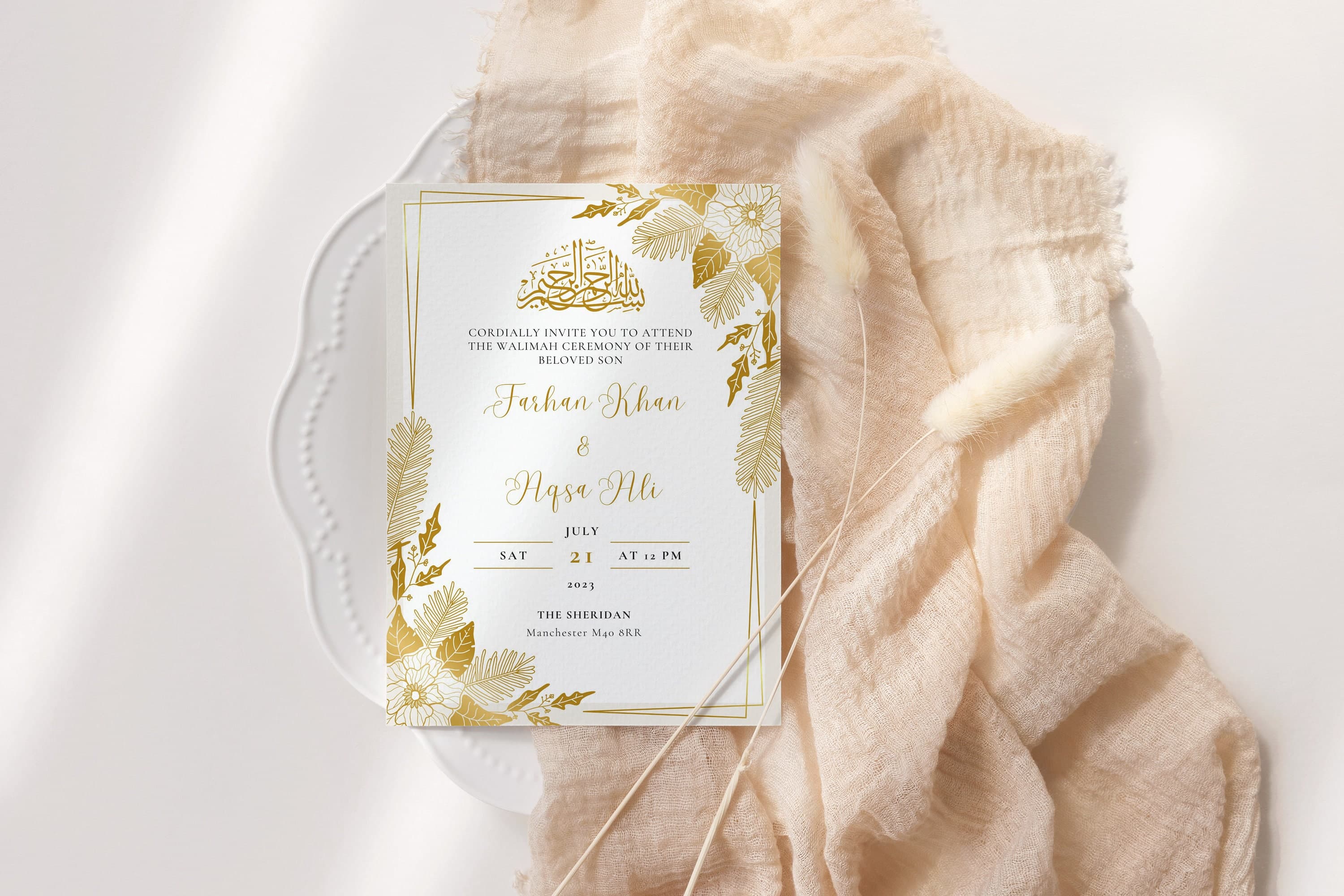 Digital Muslim Wedding Invitation Template, Neutral Cream Gold Floral Nikah Invite, Islamic Baraat Walima Card Editable Reception Evite - image 5