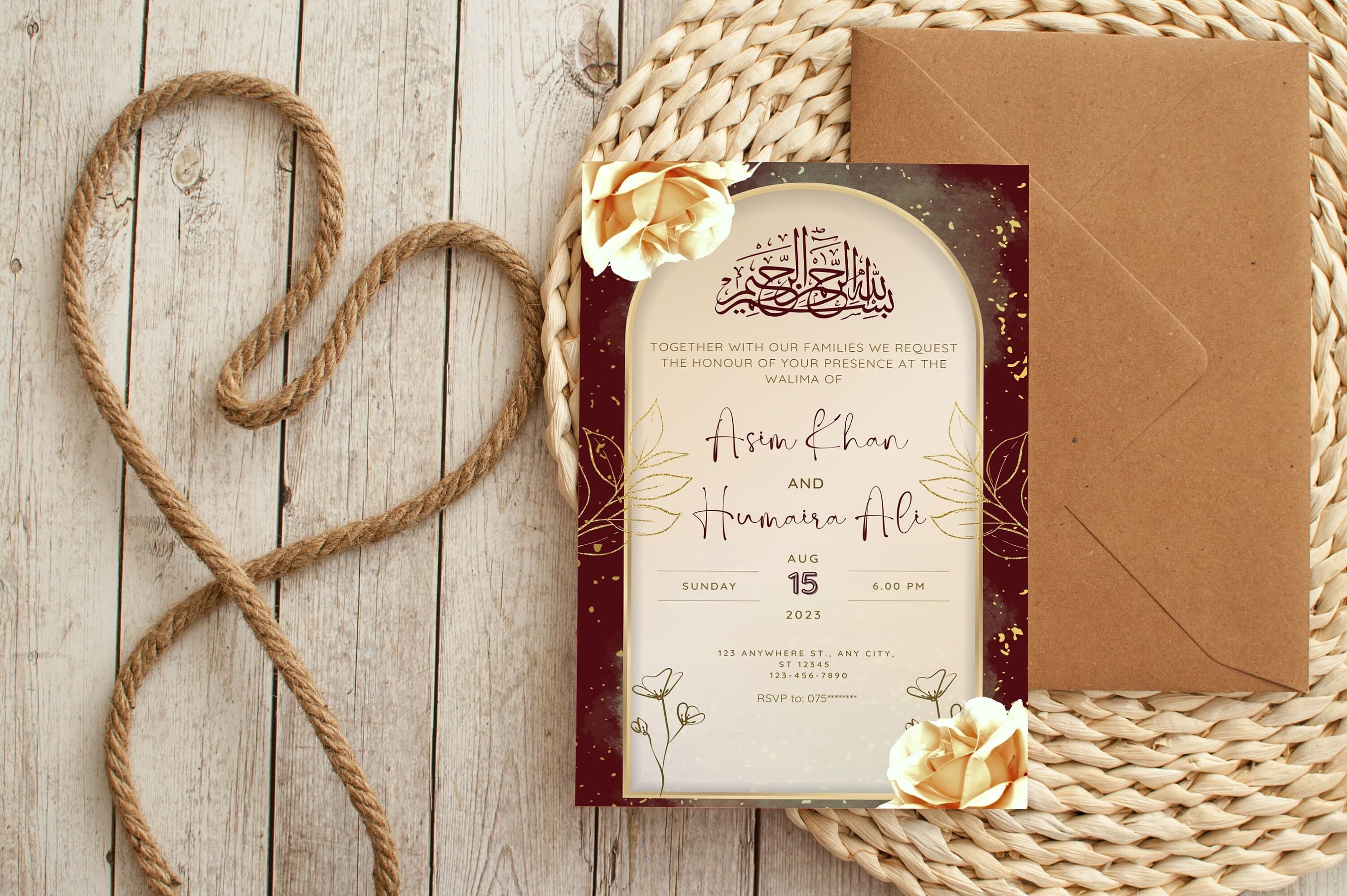 Digital Muslim Wedding Invitation Template, Nikkah Shaadi Baraat Burgundy Maroon Red invite, Animated Wedding Invitation, Wedding Invite - image 4
