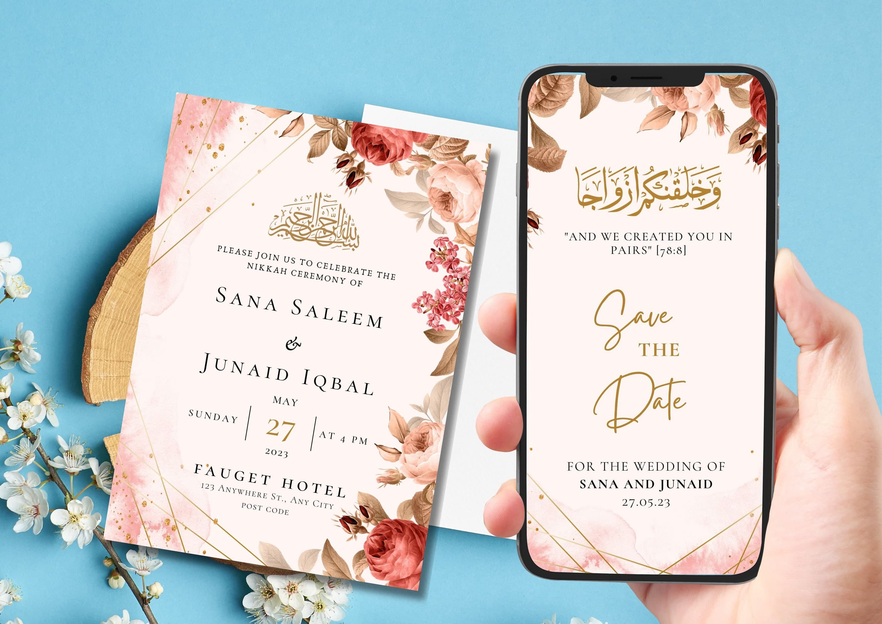 Digital Muslim Wedding Invitation Template, Pink Red Floral Nikah Invitation, Editable Muslim Desi Invitation, Animated Wedding invite,
