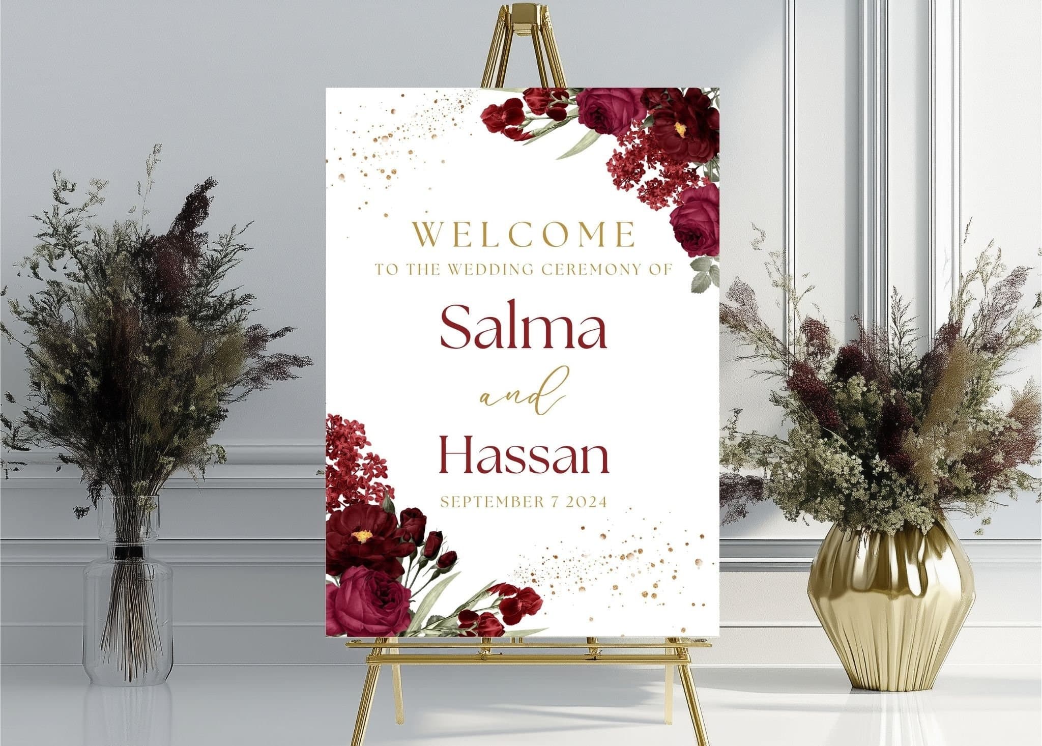 Maroon floral Wedding Welcome Sign, A1, A2, A3, A4, Pakistani Wedding, Baraat Nikkah sign, Muslim Welcome Sign, Red flower Welcome Sign - image 5