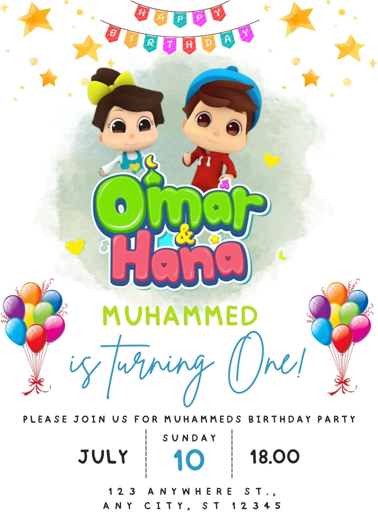 Editable Omar and Hana Birthday Invitation, Digital Kids Birthday invite, Birthday invitation, Birthday Party Invitation, Omar and Hana card - image 5