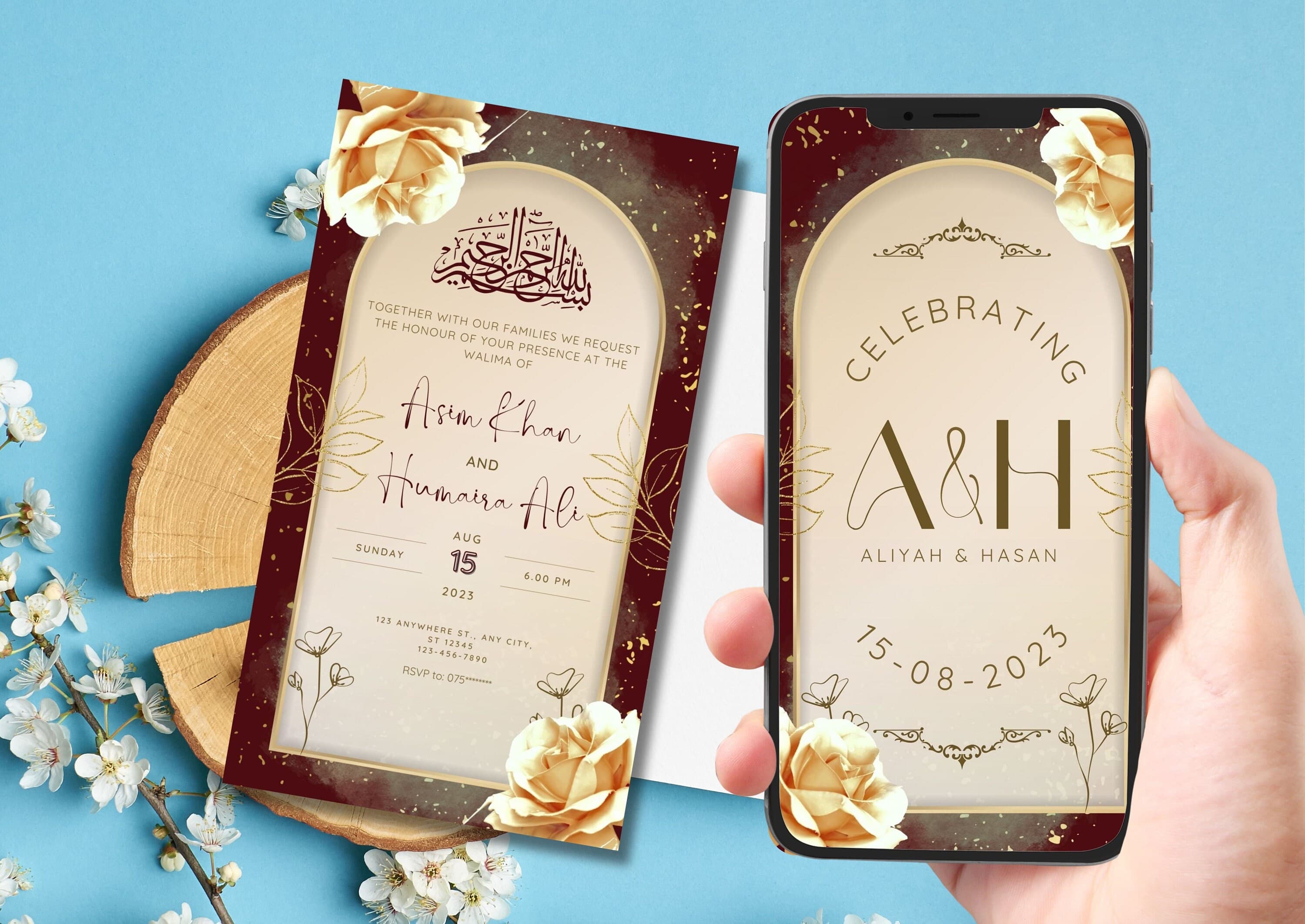 Digital Muslim Wedding Invitation Template, Nikkah Shaadi Baraat Burgundy Maroon Red invite, Animated Wedding Invitation, Wedding Invite