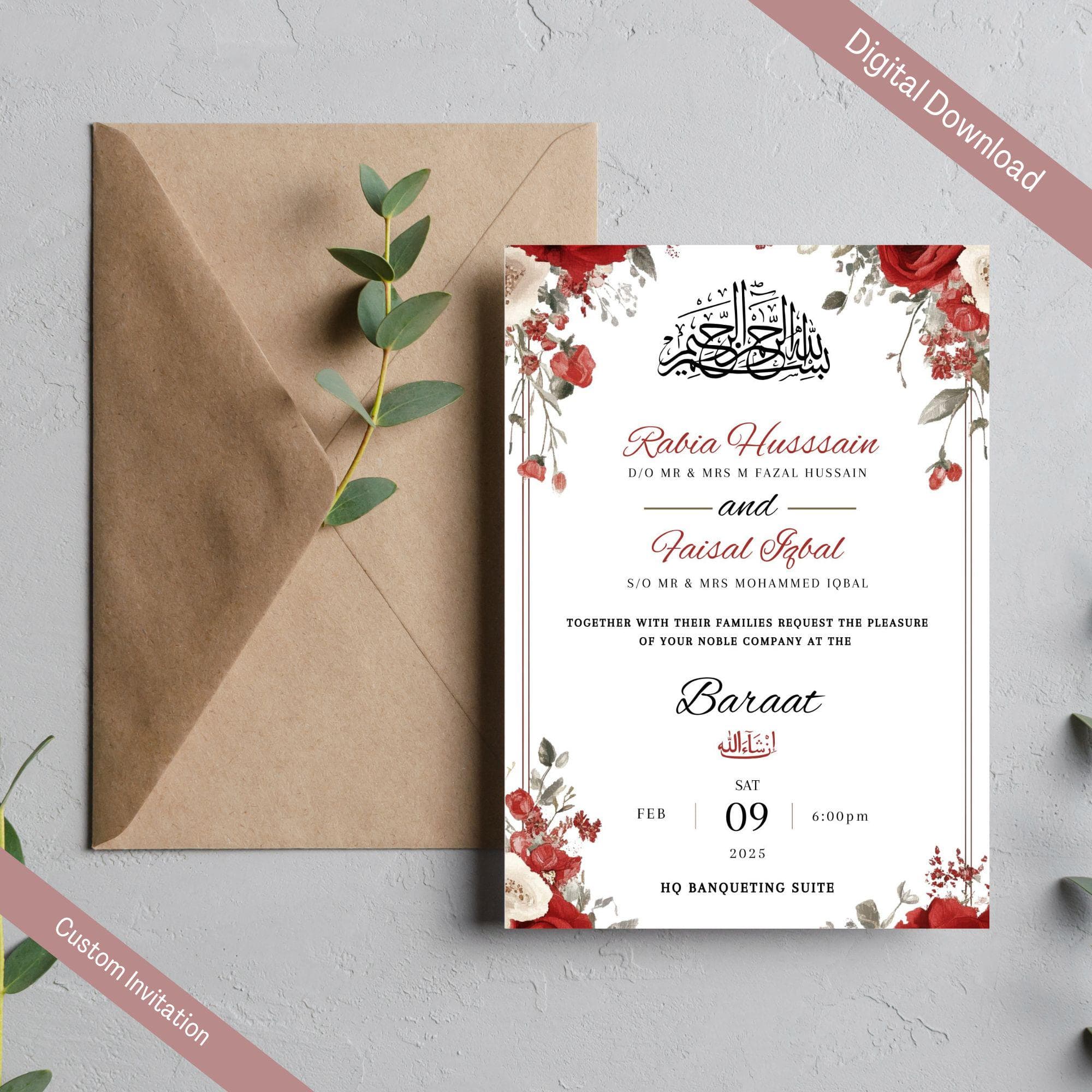 Editable Digital Muslim Wedding Invitation Template, Animated Wedding Invitation, Nikkah red floral Wedding Invite, Red Baraat invite - image 4