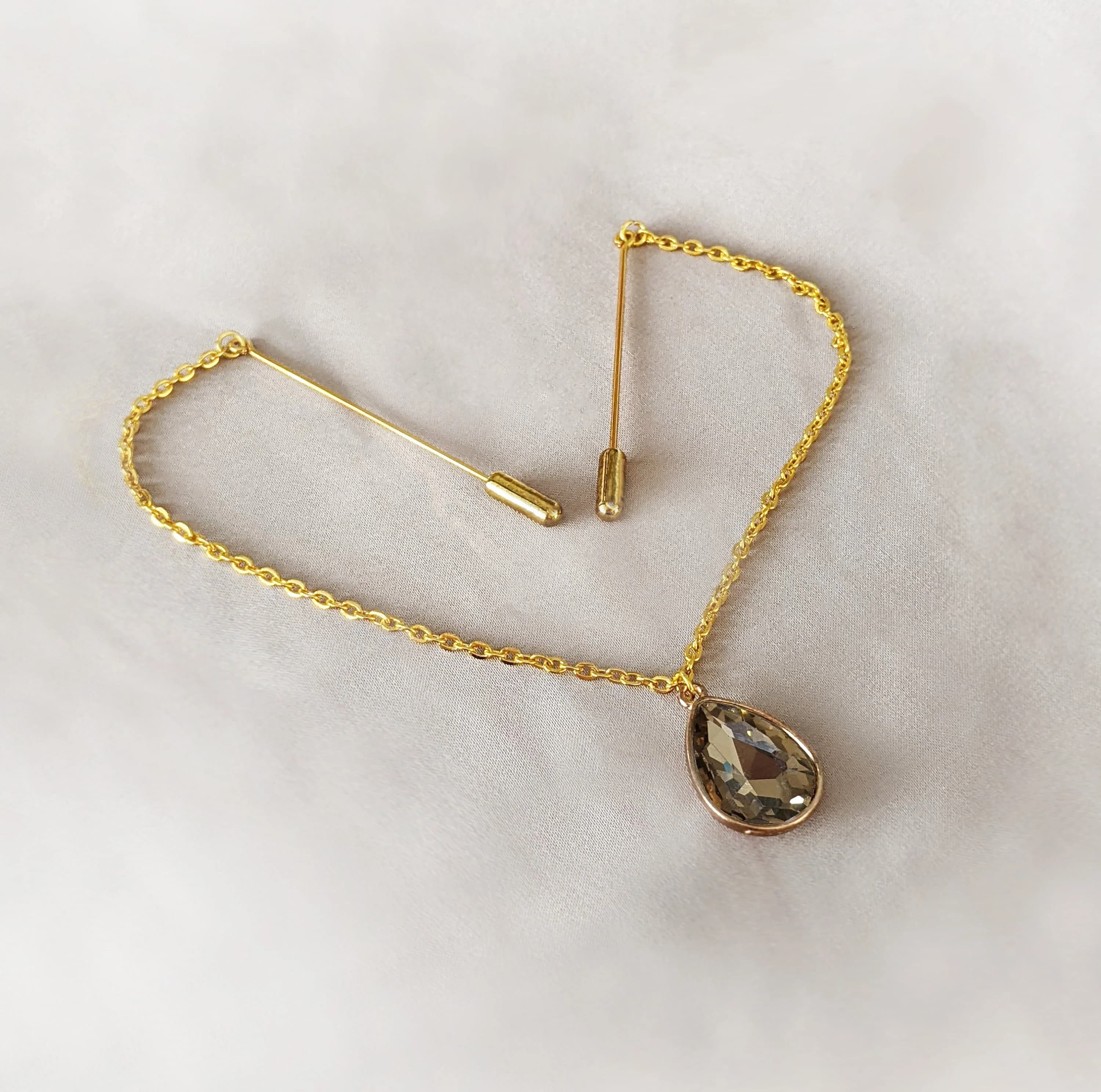 Gold Double Hijab Pin: Yellow Crystal Teardrop Head Chain