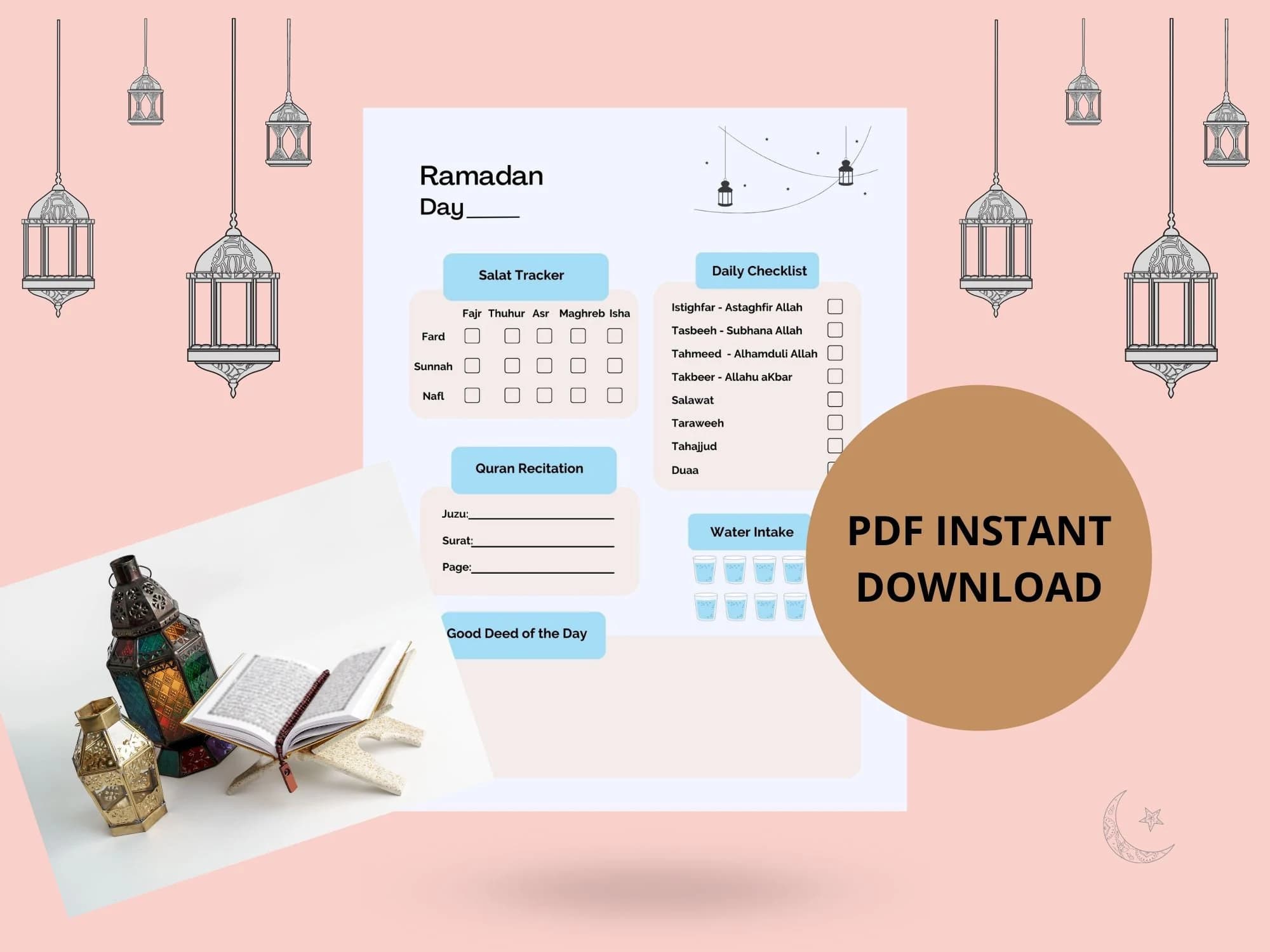 Ramadan Daily Tracker, Ramadan Planner, Ramadan Checklist, PDF Digital Download, Instant Download, Salat & Quran Log/Tracker, Water Log