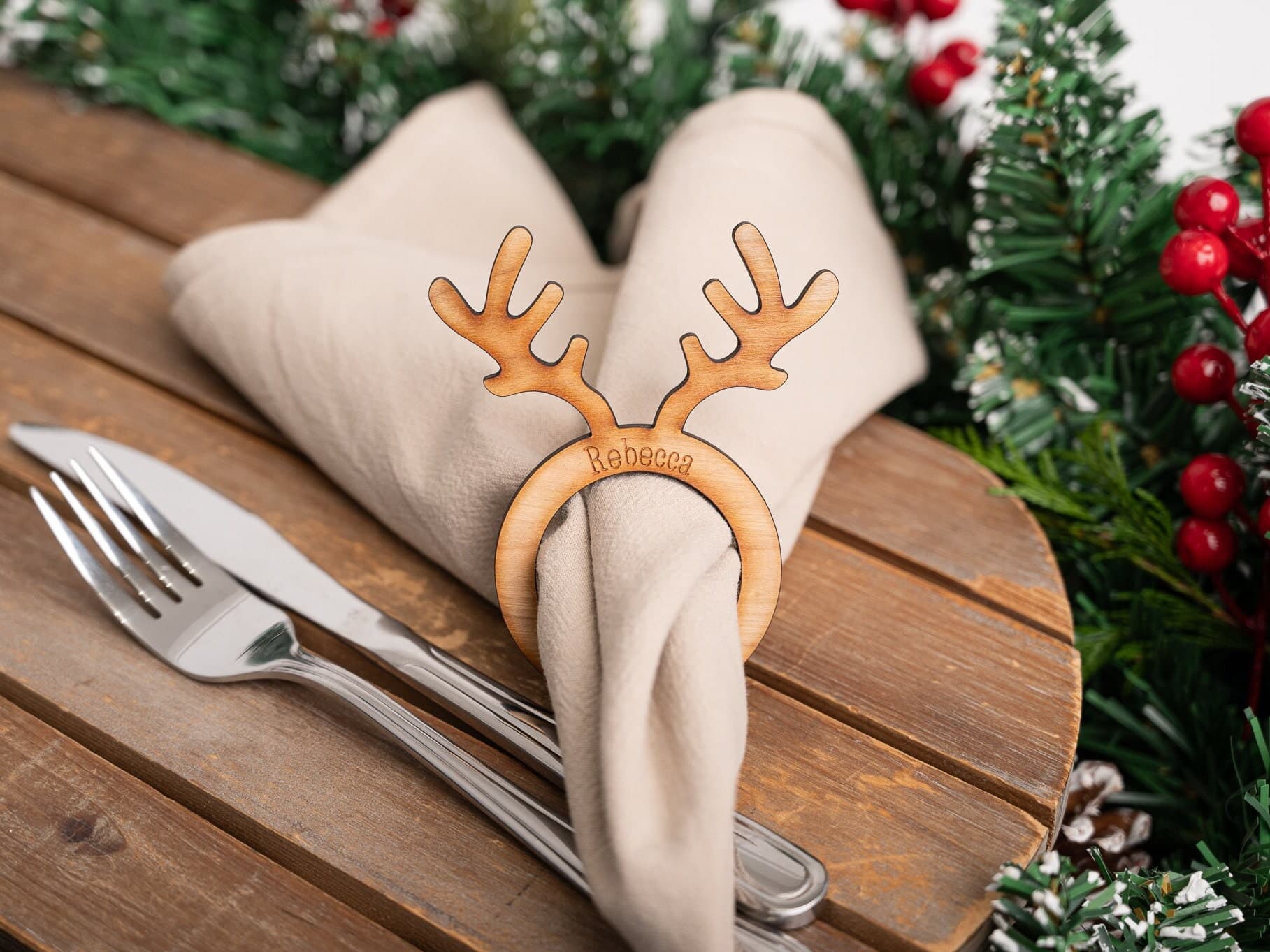 Reindeer Christmas Dinner Napkin Rings/Place Names - Wooden Personalised Table Decor - Boujee Xmas  - Special Touch - Table Settings - image 3