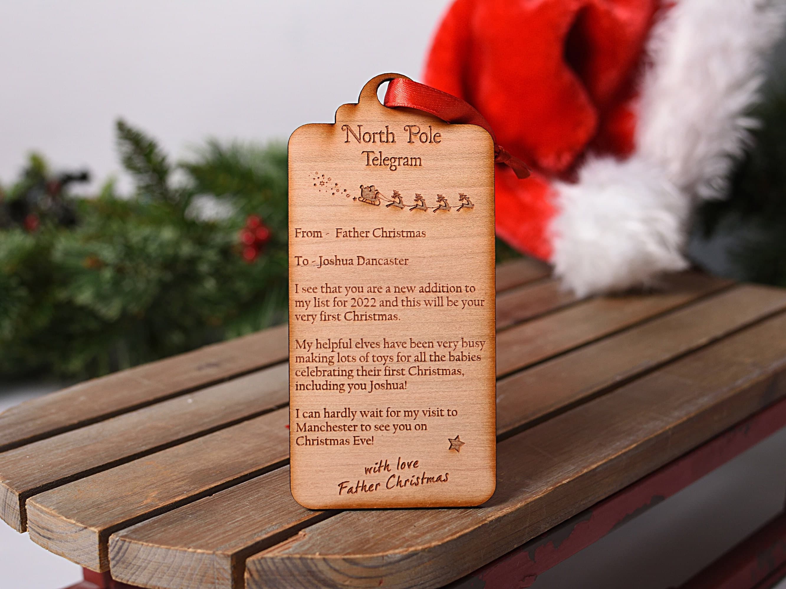 Personalised 1st Christmas Wooden Telegram Keepsake - Personalised Gift - From Father Christmas or Santa - Christmas Tree - Children's Magic - image 3