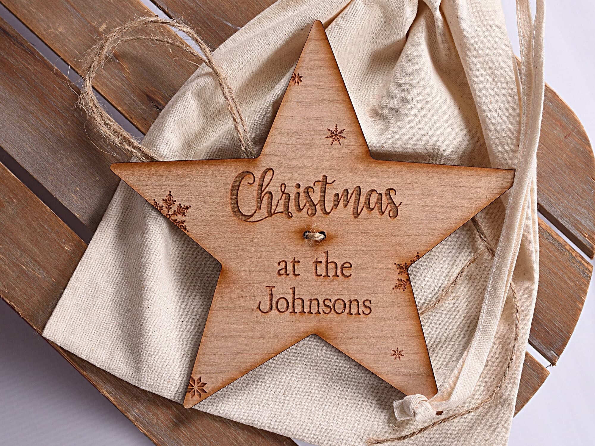 Christmas Wooden Star Tree Topper personalised with family name