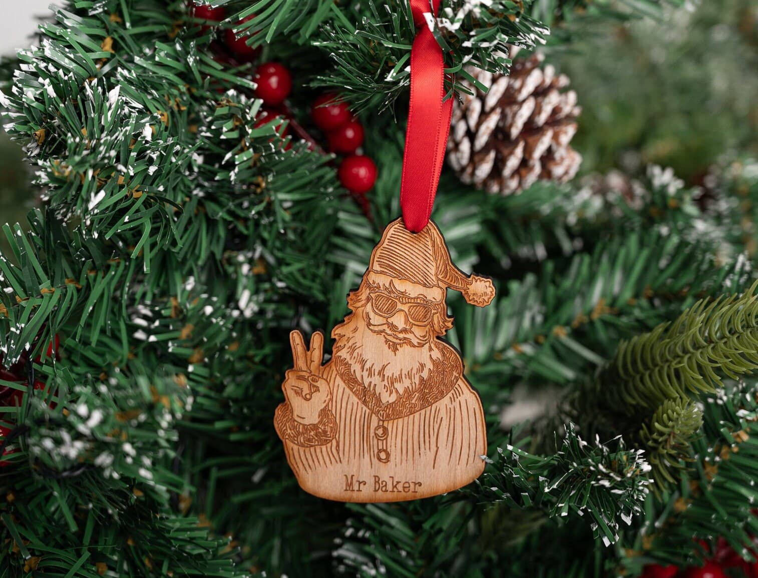 Santa 'Peace' Tree Decoration Teacher Bauble - Personalised With Name - Thoughtful Gift - Xmas Tree Dec - Cool Santa - Funny Design - Wooden - image 4