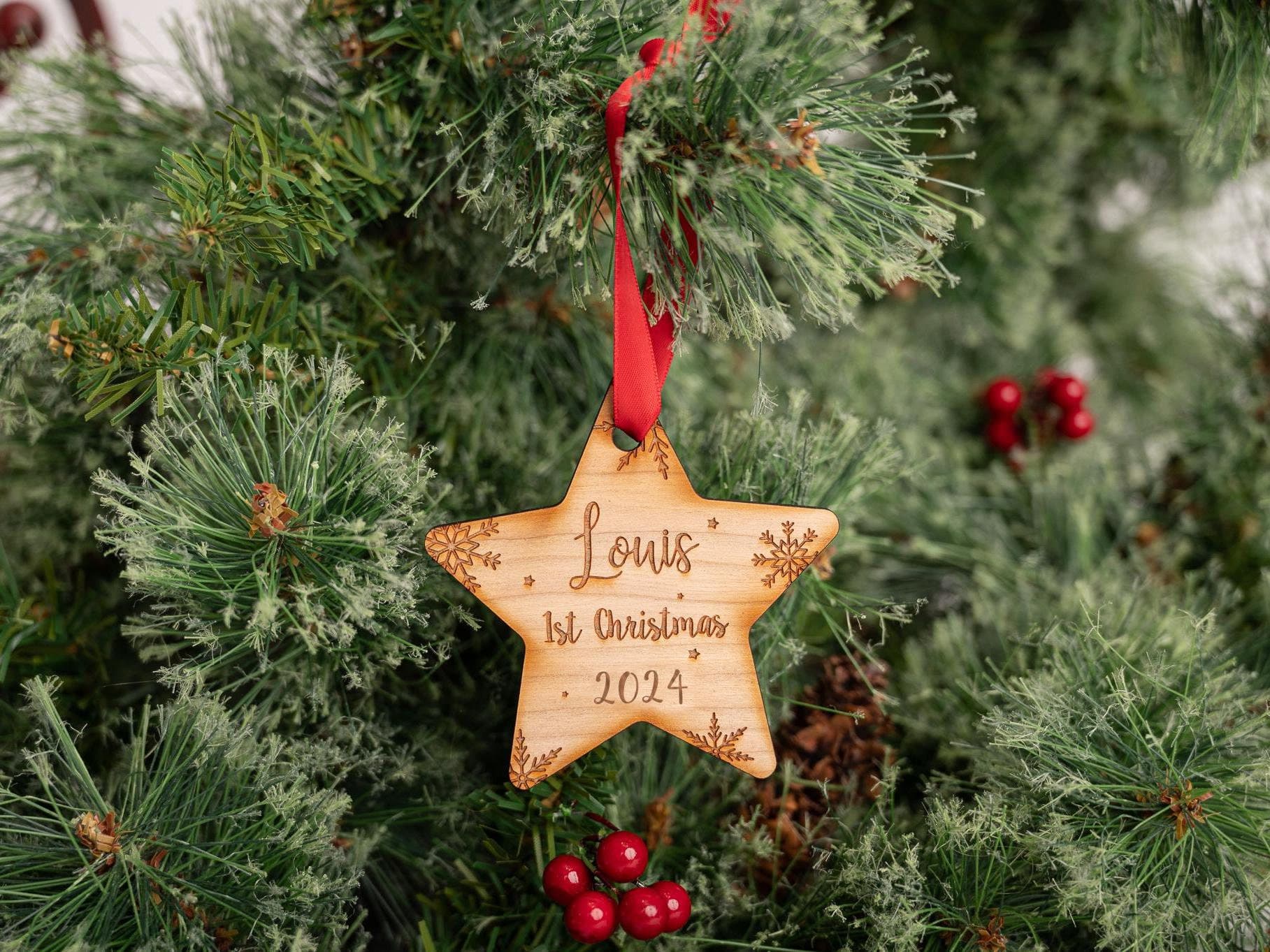 Baby's 1st Christmas Star Bauble - Personalised Tree Decoration - Thoughtful Gift - Xmas Dec - First Christmas 2025 - Wooden Traditional - image 3