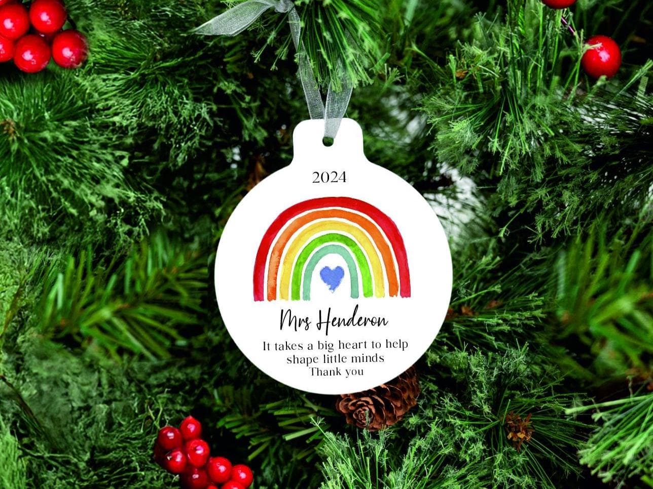 It Takes a Big Heart Teacher Rainbow Aluminium Bauble - Christmas Teacher Gift - Xmas Keepsake - Personalised Bauble - TA SENCO Childminder