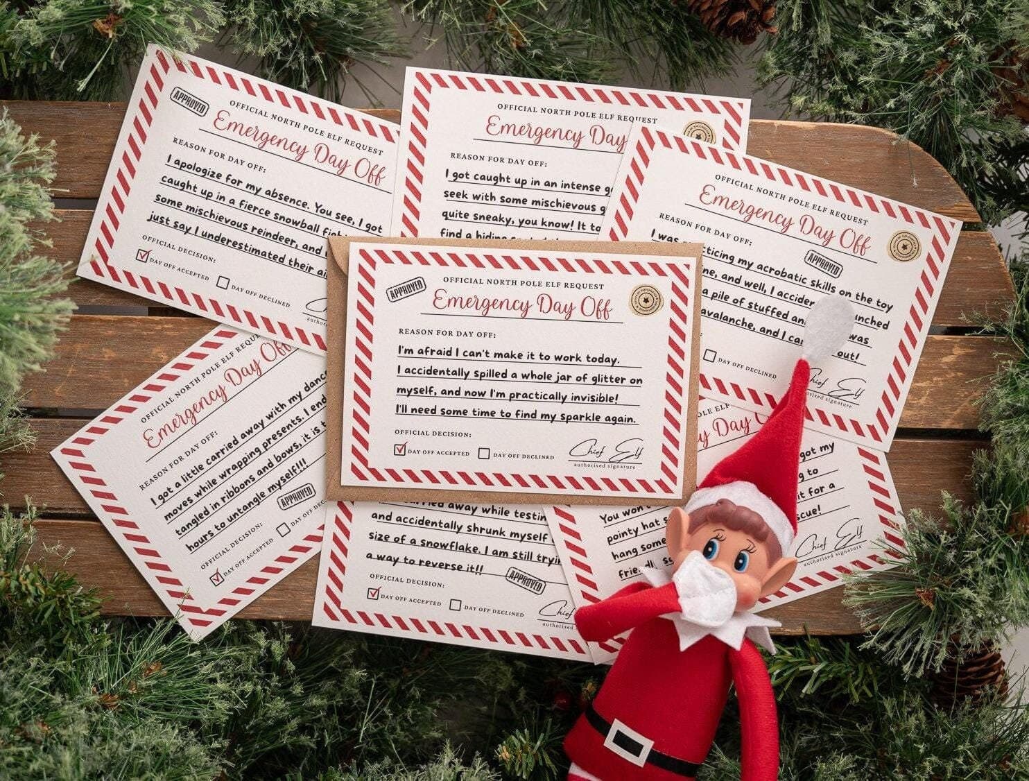 Emergency Elf Days Off Cards - Props - Christmas Elf - Elf On The - Elf Extras - 8 Different Cards - Easy Wins for Tired Parents! - Magic