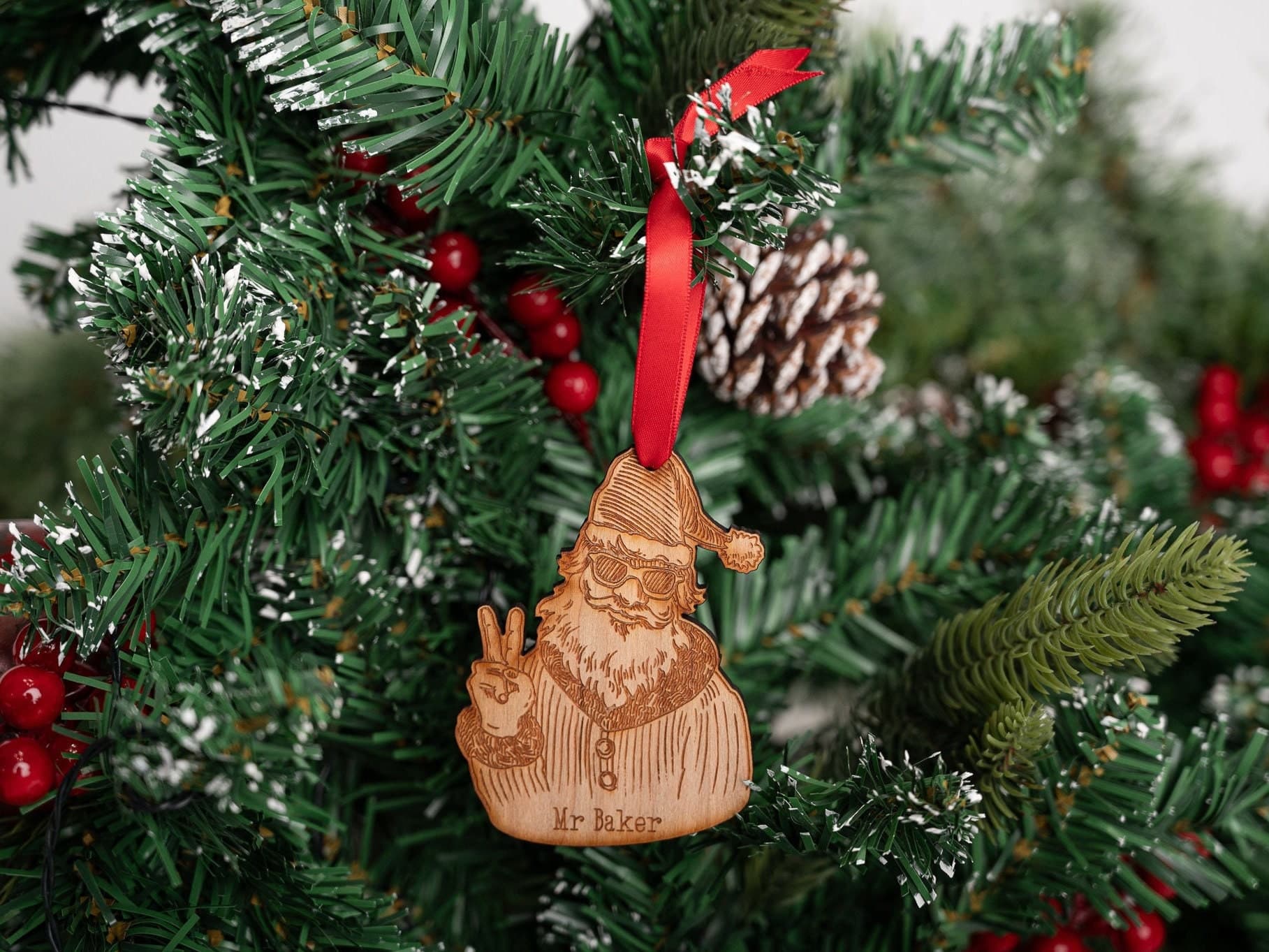 Santa 'Peace' Tree Decoration Teacher Bauble - Personalised With Name - Thoughtful Gift - Xmas Tree Dec - Cool Santa - Funny Design - Wooden