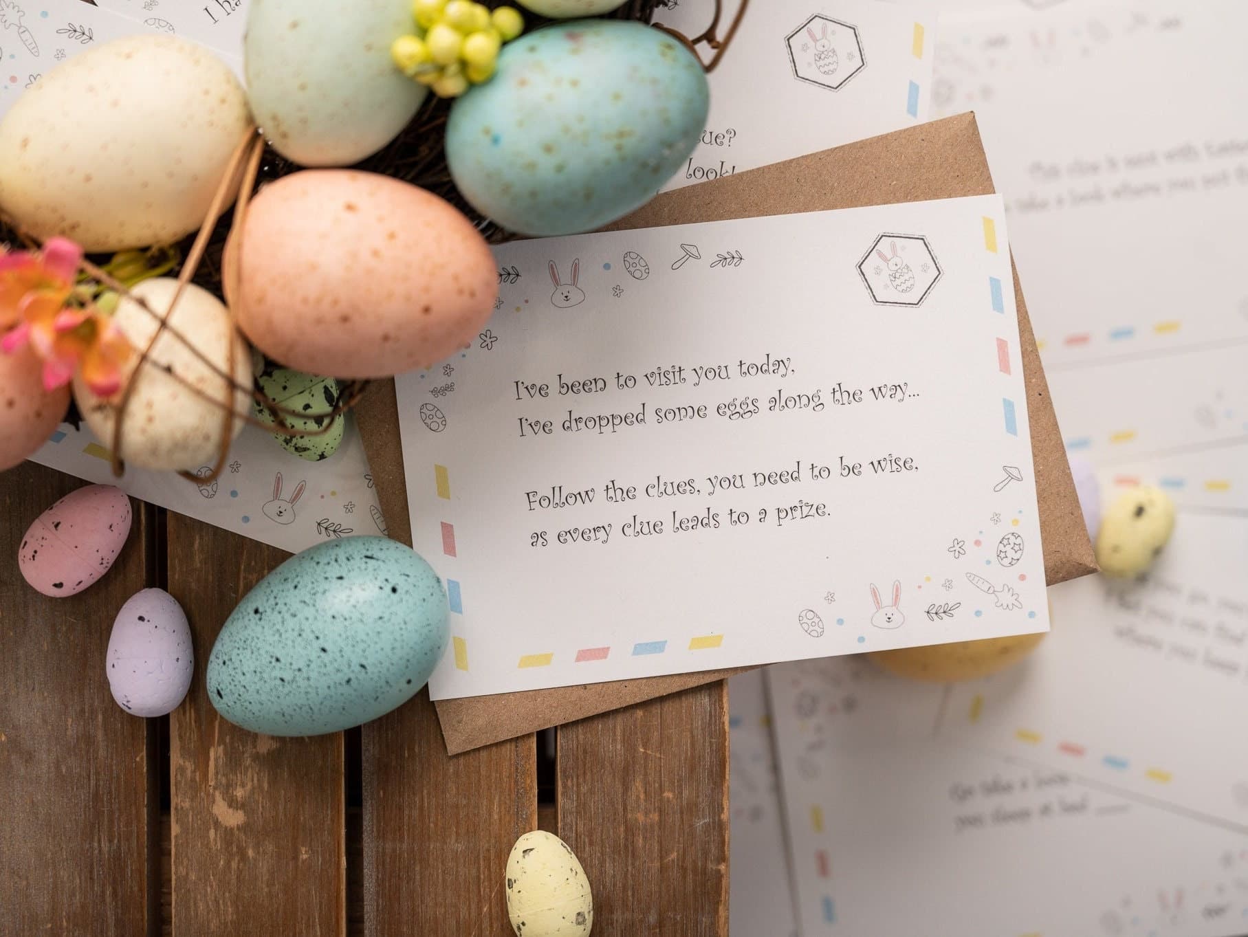 Easter Egg Hunt - Easter Bunny Clue Cards - 15 Clues - Rhyme Puzzle - Easter Game - Indoor Hunt Scavenger Hunt - Fun Activity For The Kids