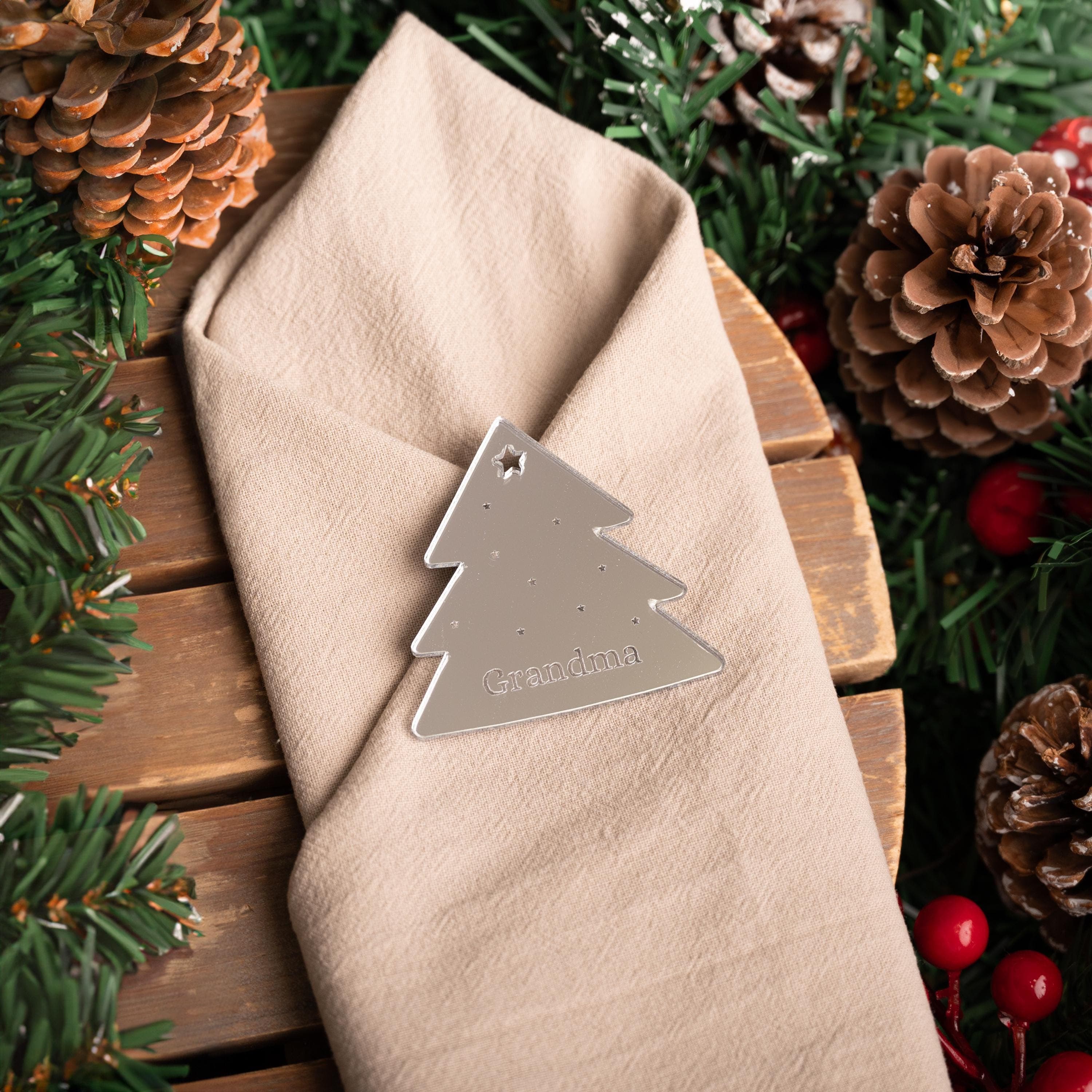 Mirrored Acrylic Christmas Tree Dinner Place Names - Wooden Personalised Table Decor - Boujee Xmas Present Tags - Special Touch