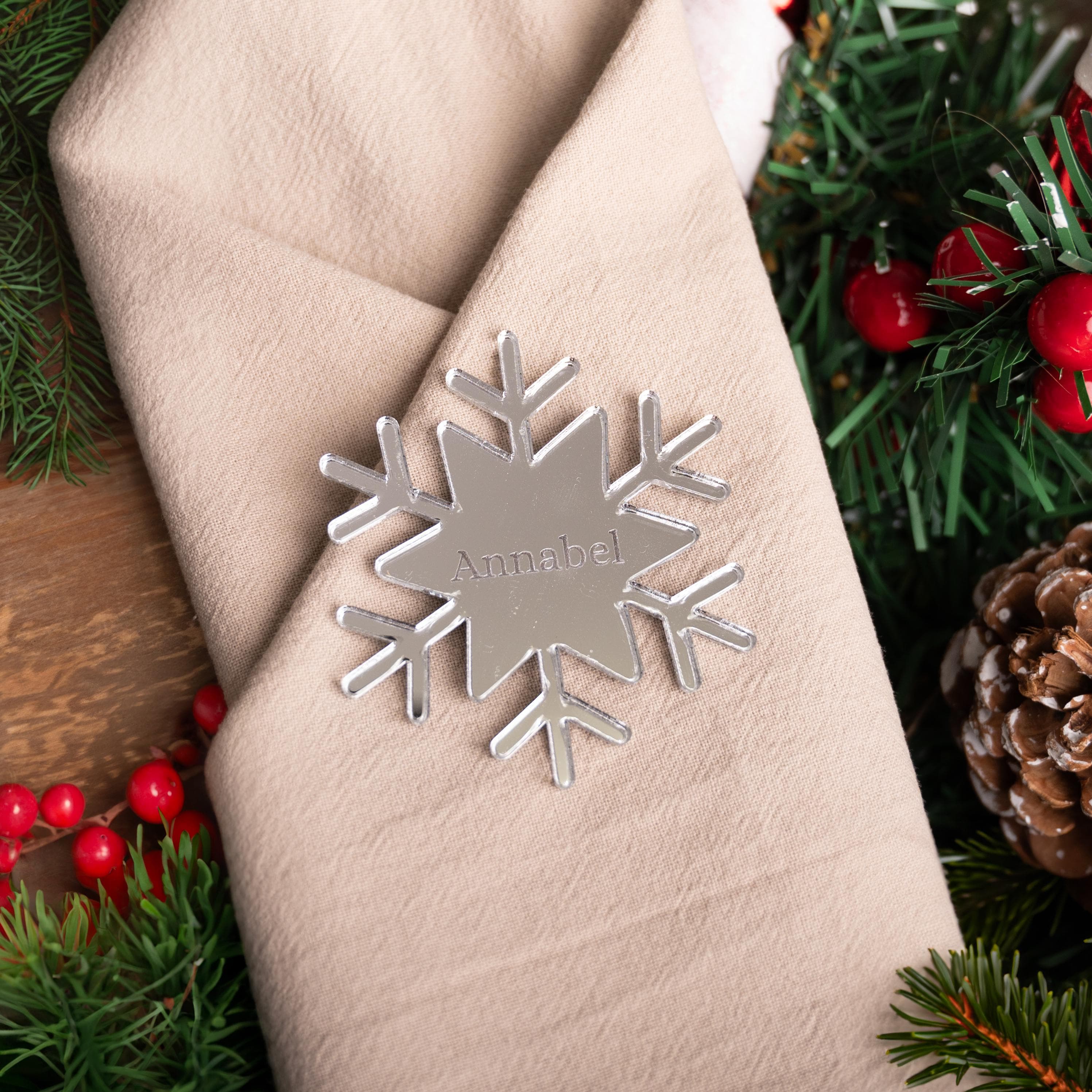 Mirrored Acrylic Christmas Snowflake Dinner Place Names - Wooden Personalised Table Decor - Boujee Xmas Present Tags - Special Touch