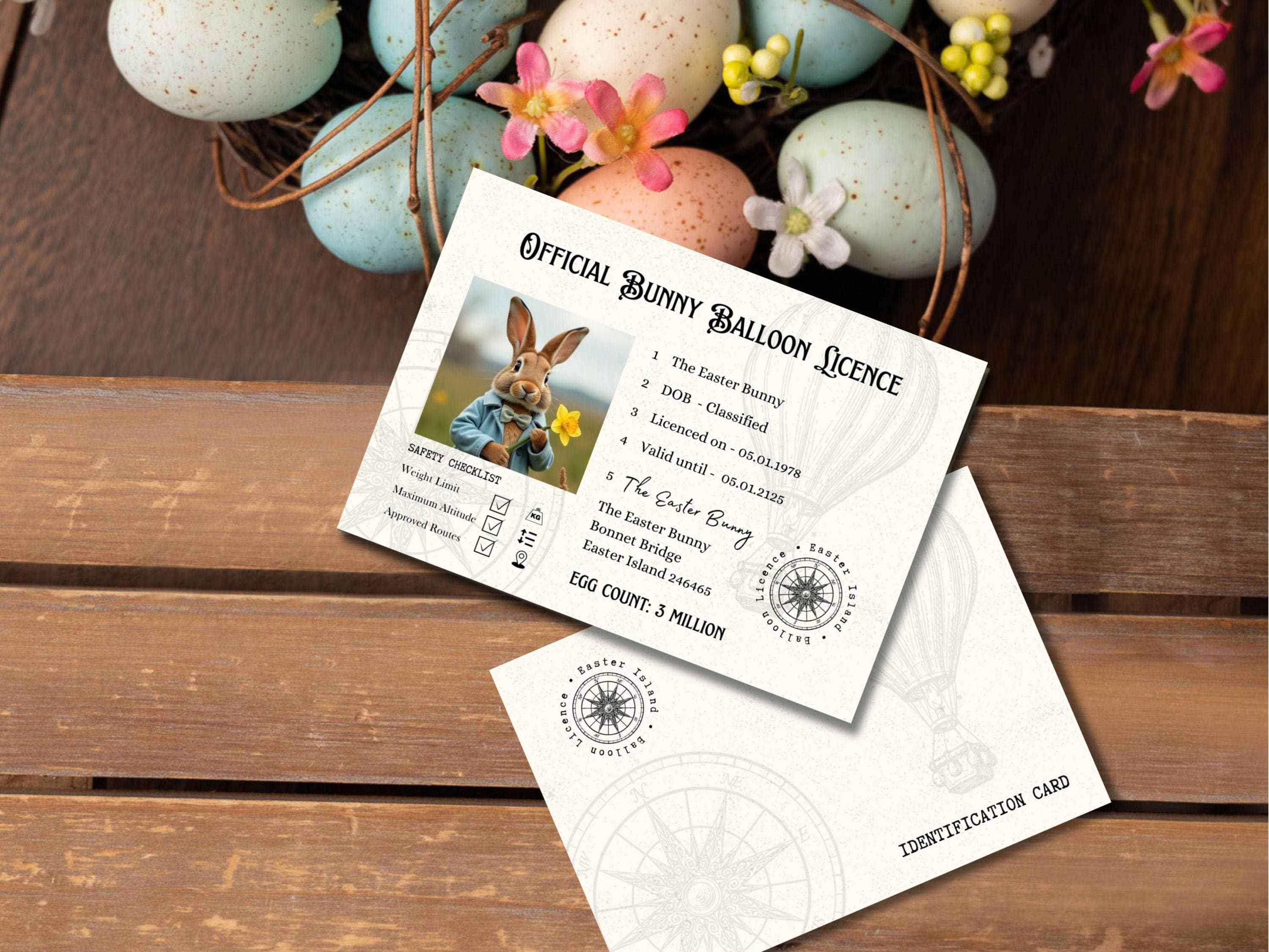 May include: A white card with the text "OFFICIAL BUNNY BALLOON LICENCE" and a picture of a bunny rabbit holding a flower. The card also includes a compass and the text "The Easter Bunny Bonnet Bridge Easter Island 246465 EGG COUNT: 3 MILLION".