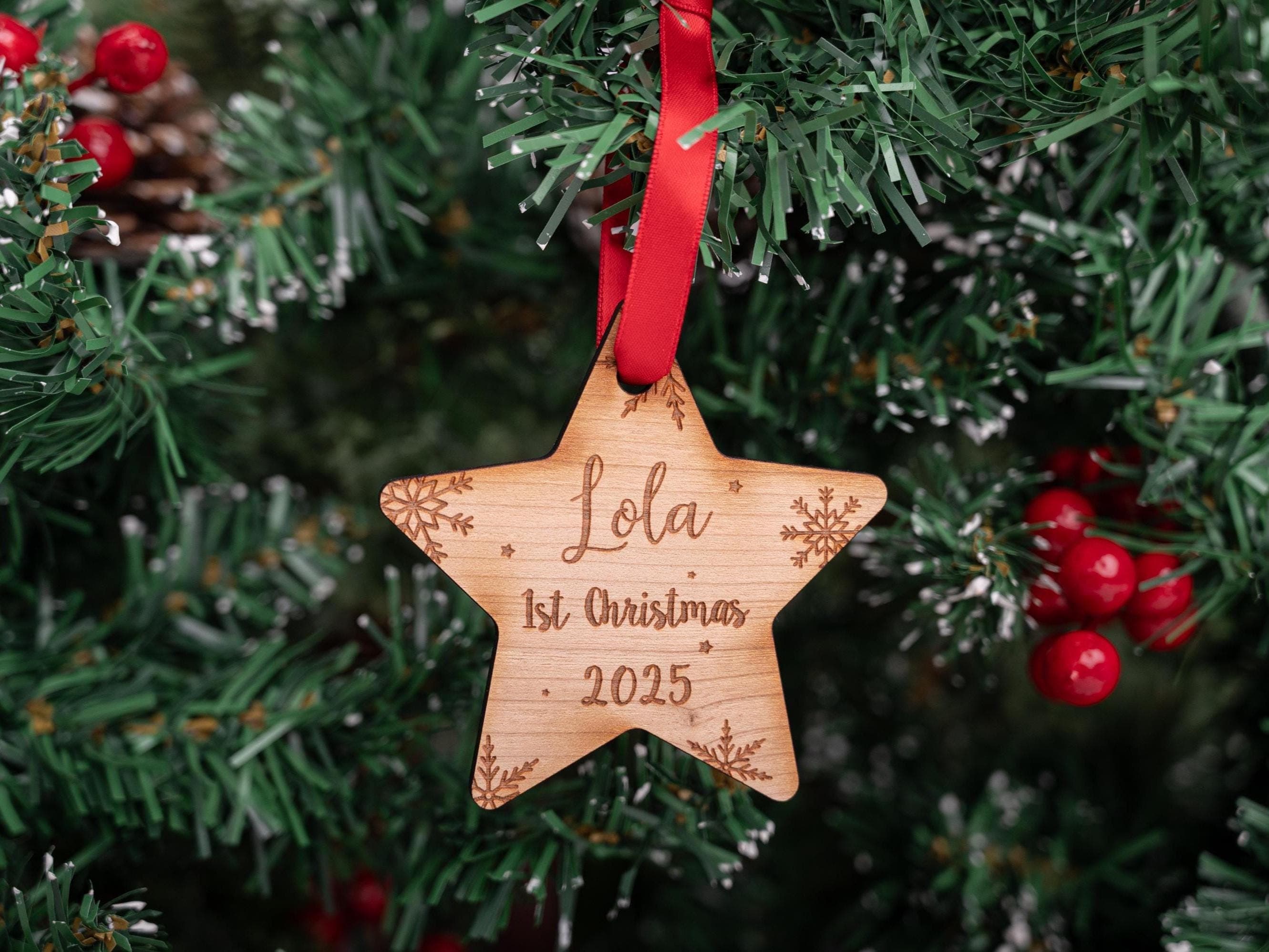 Baby's 1st Christmas Star Bauble - Personalised Tree Decoration - Thoughtful Gift - Xmas Dec - First Christmas 2025 - Wooden Traditional