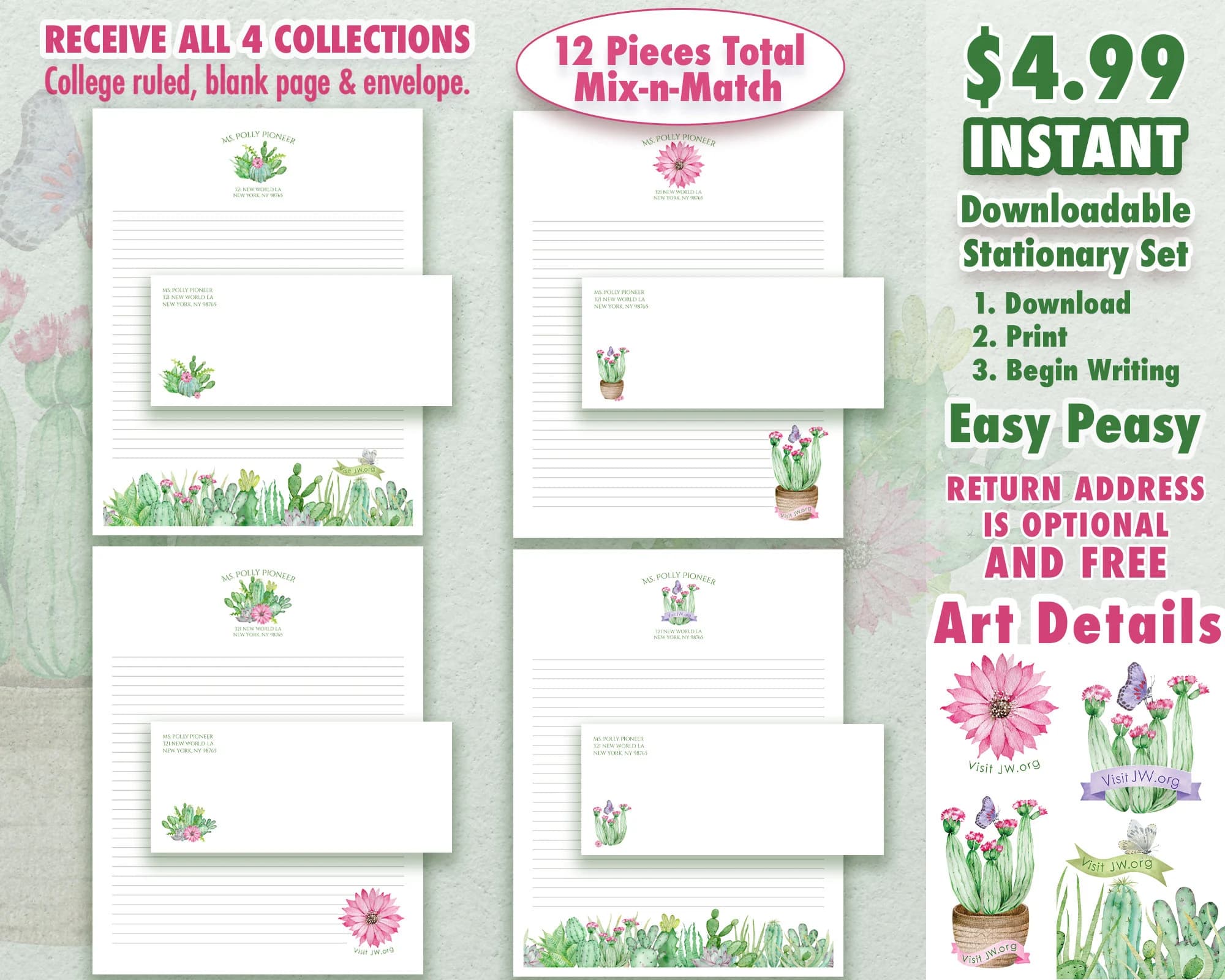INSTANT Download JW Stationery Bundle - Cacti and Succulents Bright Spring Colors Collection