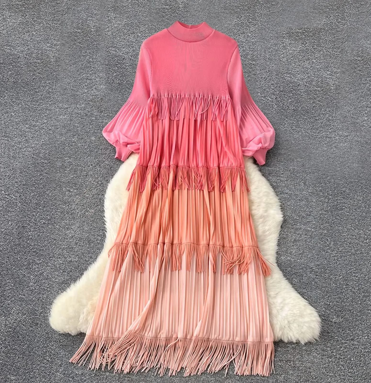 Gradient Tassel Tiered Dress