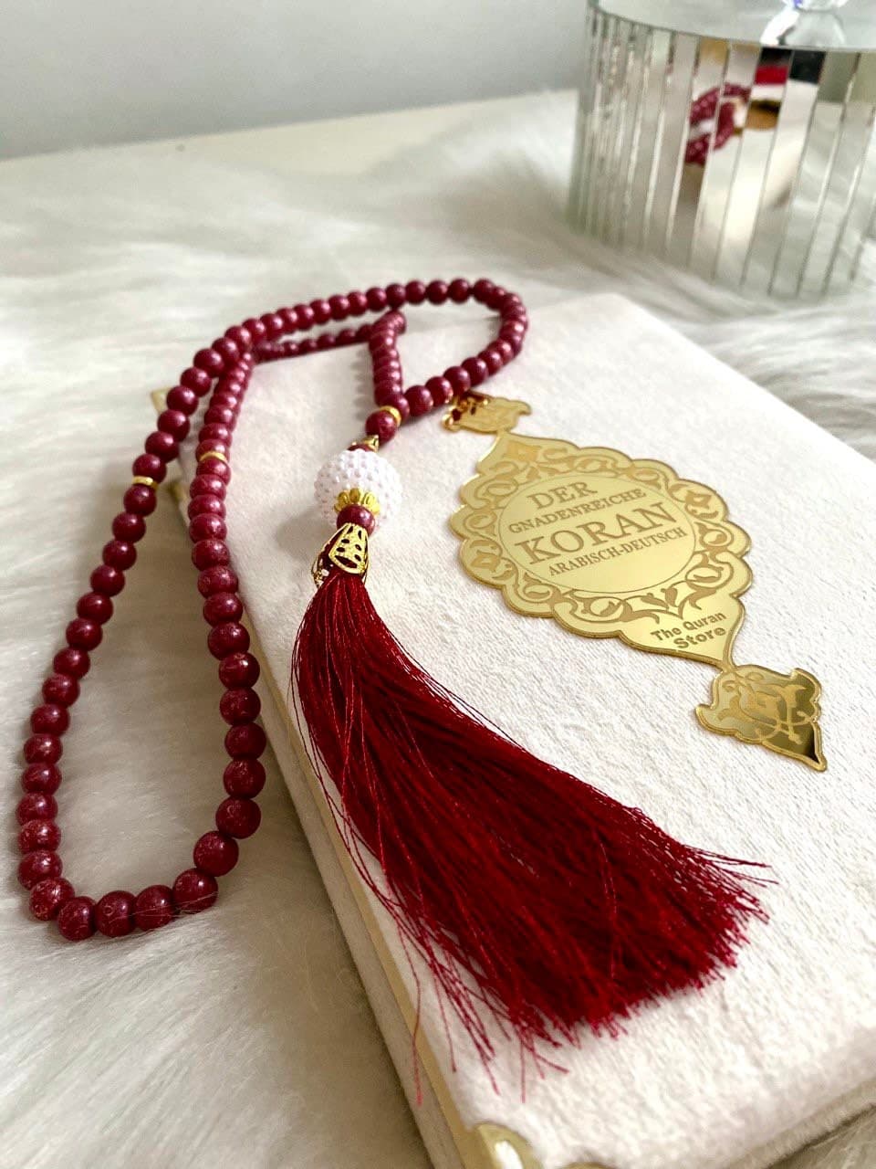 White German Quran, Muslim Ramadan Gift, Deutch Velvet Mirror Gold Quran Set and Pearl Tasbih, German Translation Quran, DhikrBeads, Misbaha