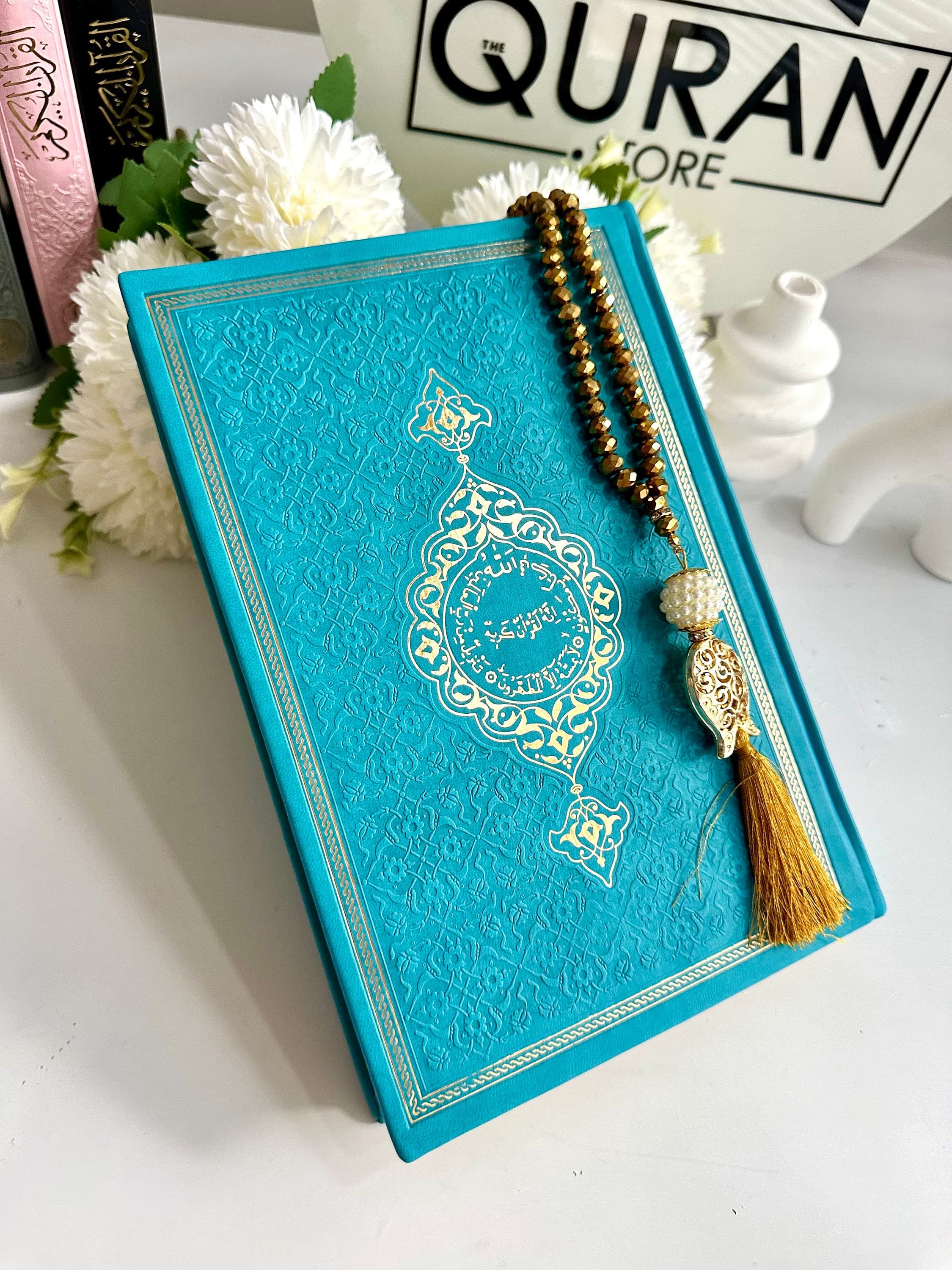 Large Blue Arabic Quran, Ramadan Quran Gift for Muslim Friend, Ramadan Gift, Islamic Eid Gift, Arabic Leather Quran, Prayer Rug, Tasbih - image 3