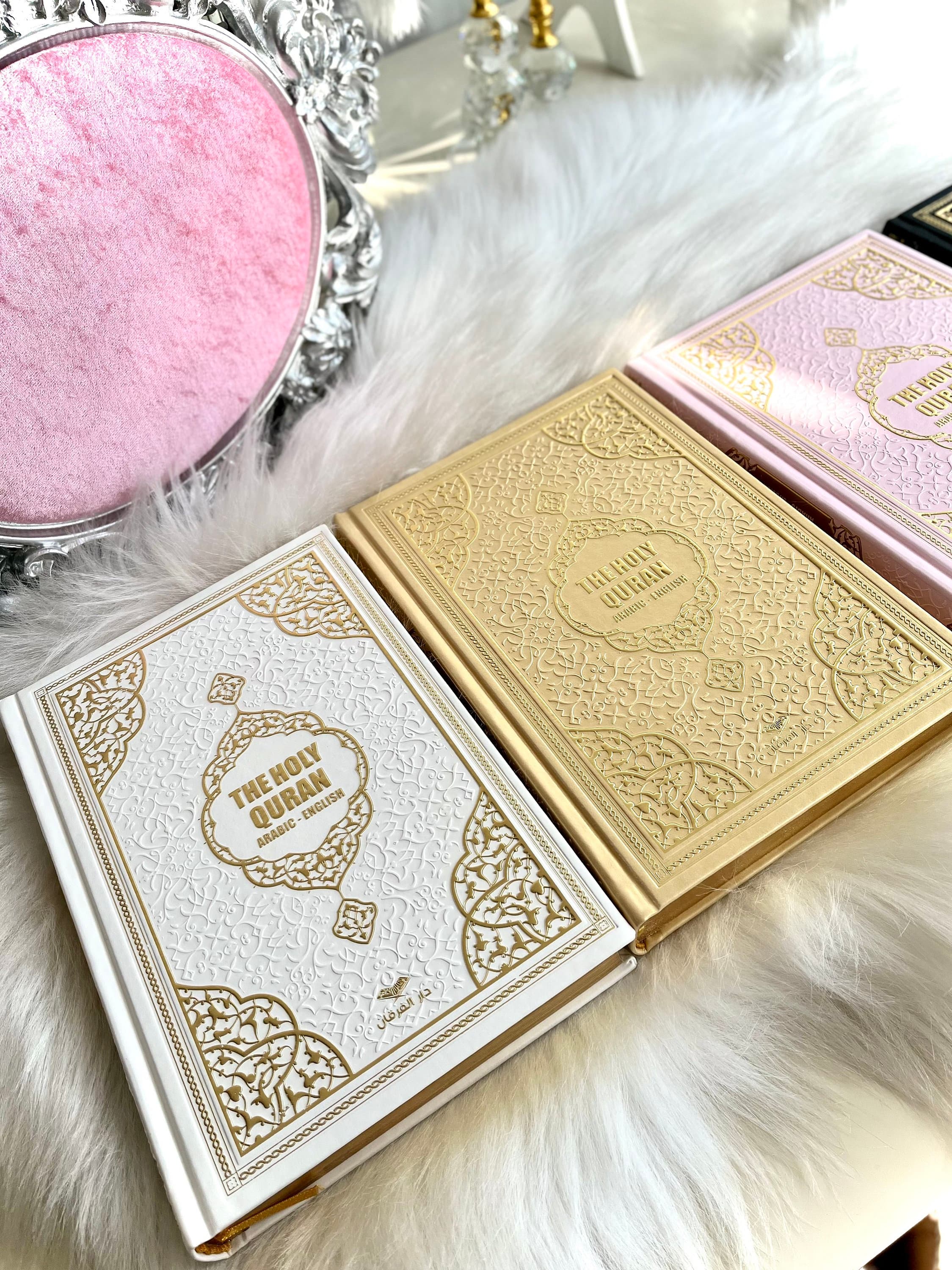 White English Quran, Ramadan Gift, Islamic Eid Gift, English Thermo Leather Pink Quran Set, Prayer Rug, Crystal Tasbih, Translate Quran Gift - image 5