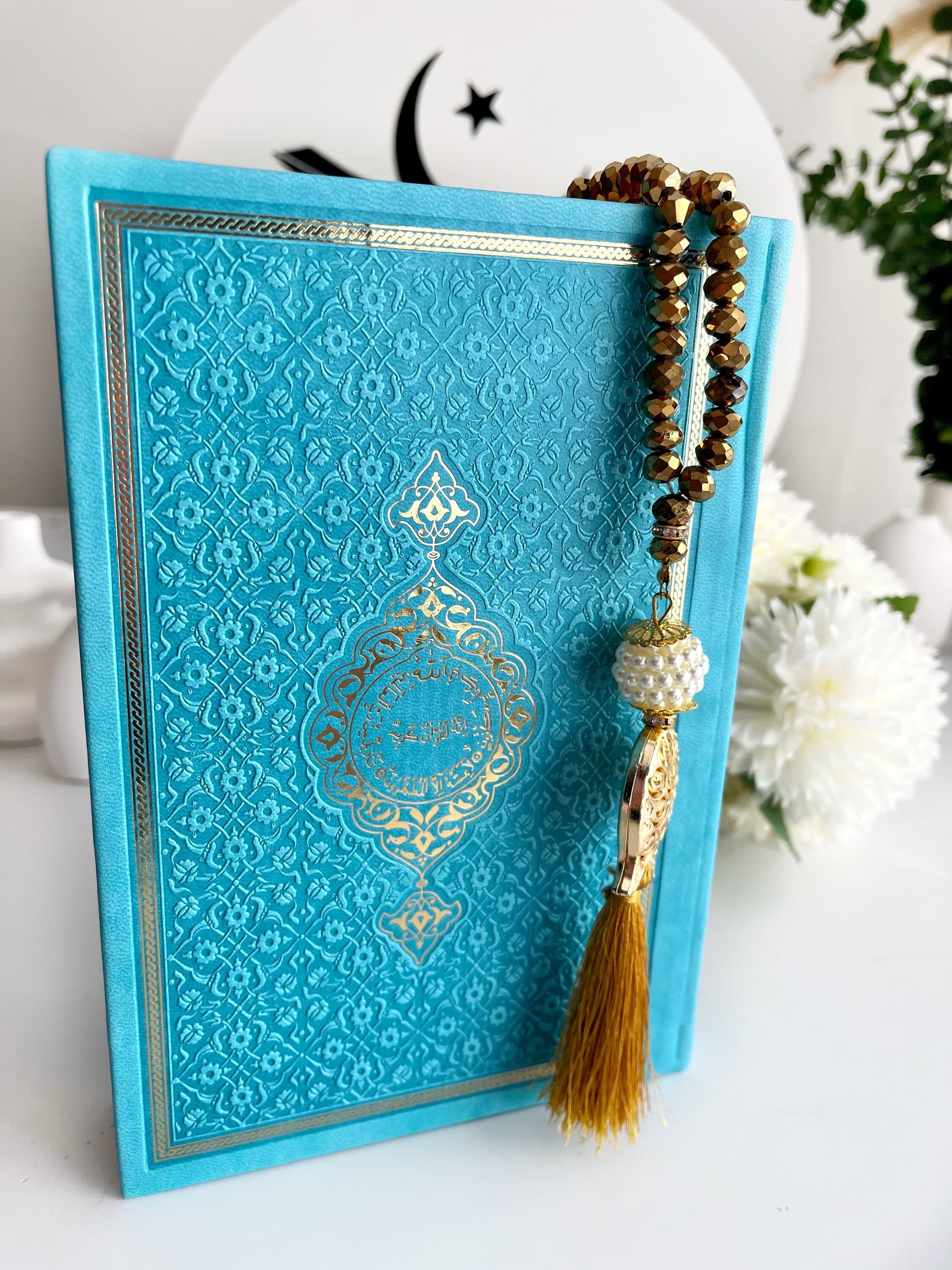 Medium Blue Arabic Quran, Quran Gift Set, Muslim Friend Gift, Ramadan Gift, Islamic Eid Gift, Arabic Leather Quran, Prayer Rug, Crystal Tasb - image 4