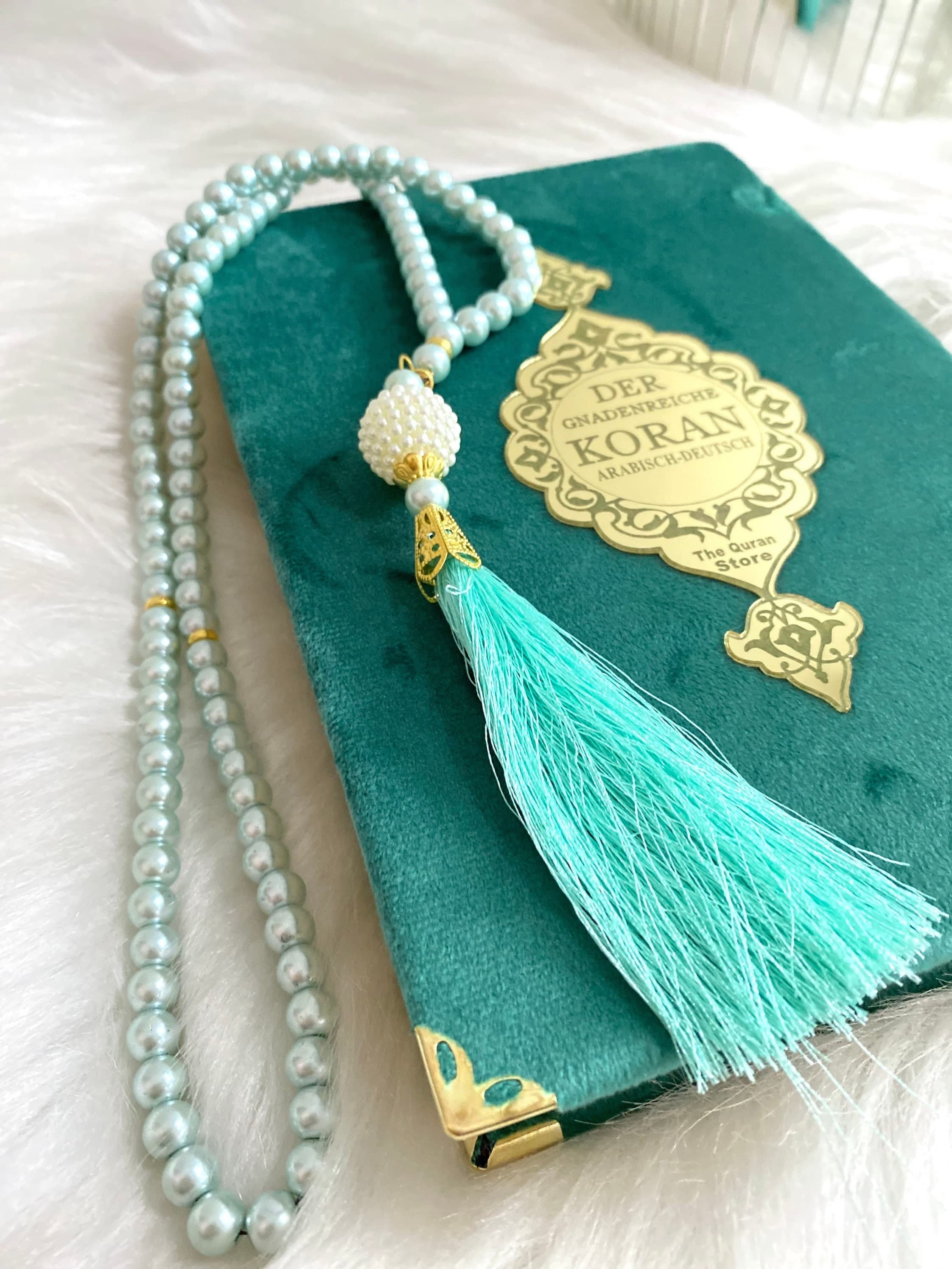Mint Green German Quran, Islamic Gift, Deutch Velvet Mirror Quran, Ramadan Gift, Prayerbeads, Tasbih, German Translate Quran, Eid Quran Gift