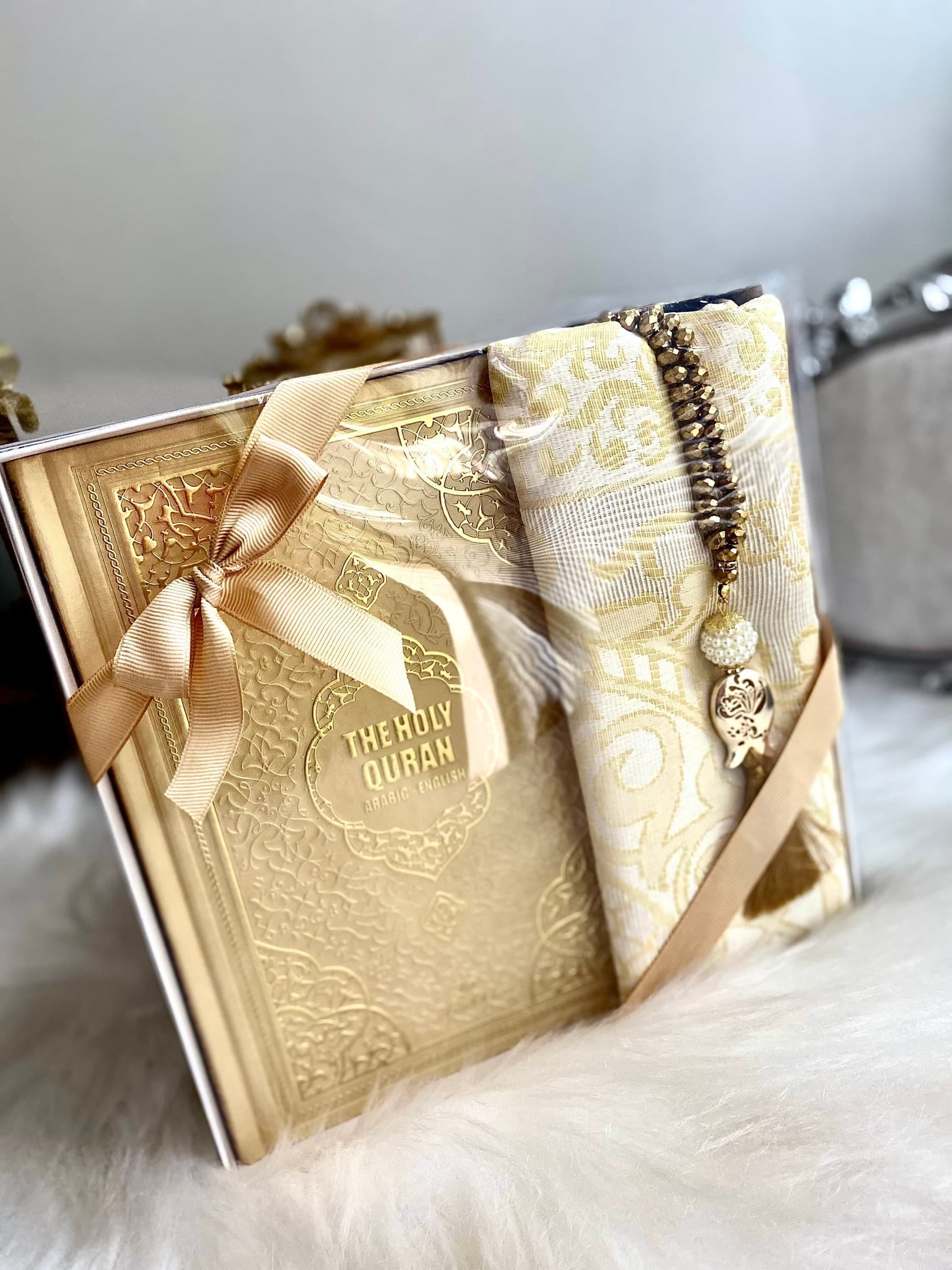 Gold English Translate Quran Gift, Ramadan Kareem Gift, Eid-ul Fitr, Islamic Gift, Prayer Rug Gift Set, Crystal Tasbih, Gold Leather Quran - image 3