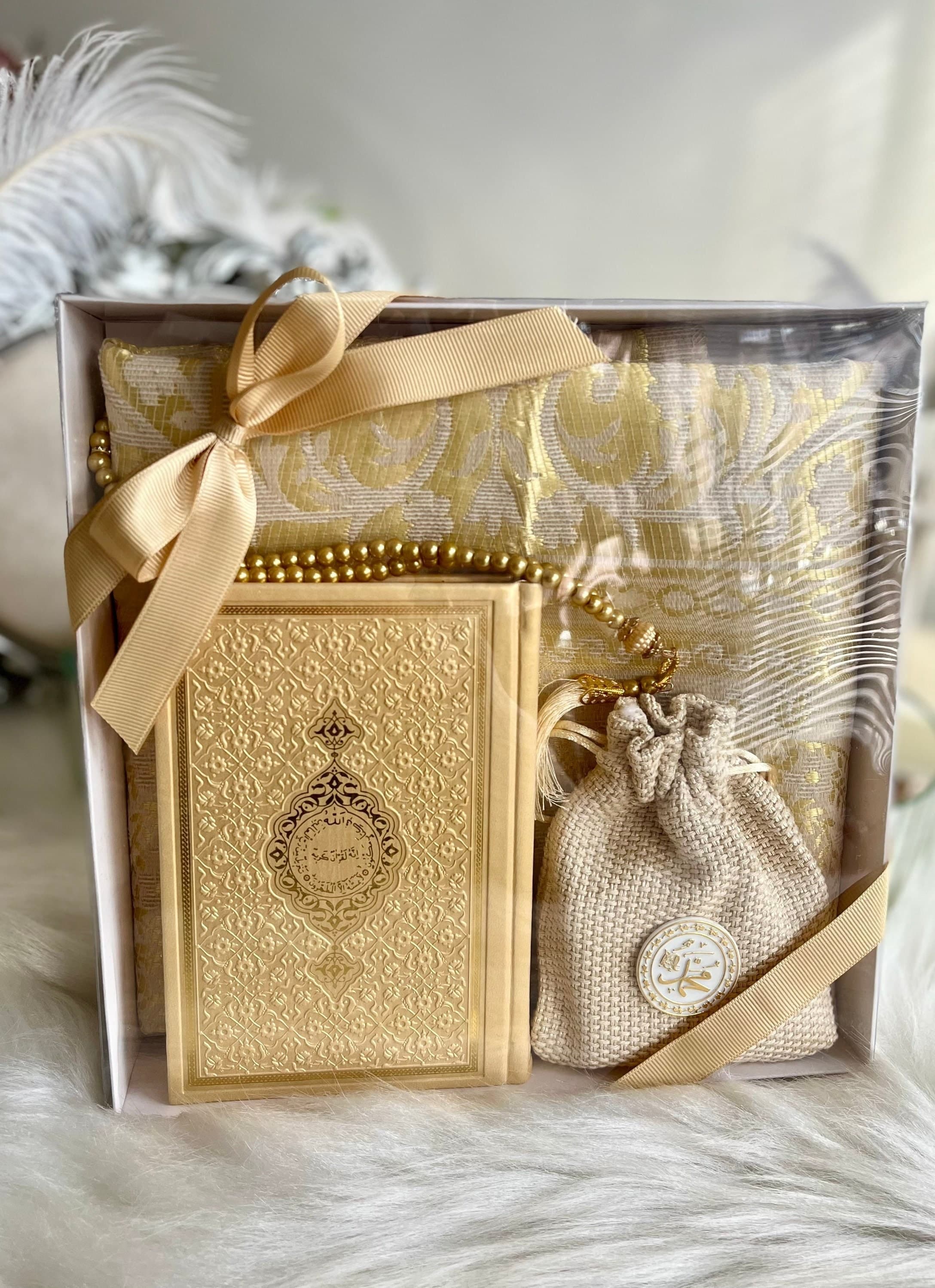 Gold Prayer Rug Gold Tasbih Gold Quran, Ramadan Gift Set, Ramadan Kareem, Islamic Eid Gift Set, Prayer Mat Tasbih Set, Sajjada Tasbih Set