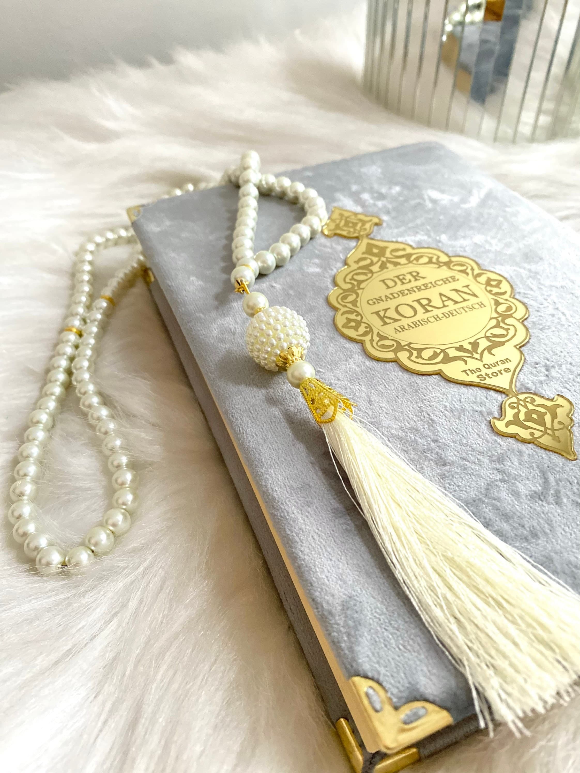 German Quran, Islamic Eid Gift, Deutch Velvet Mirrored Gold Quran Set and Pearl Tasbih, German Translation Quran, Dhikr Beads, Quran Gift - image 5