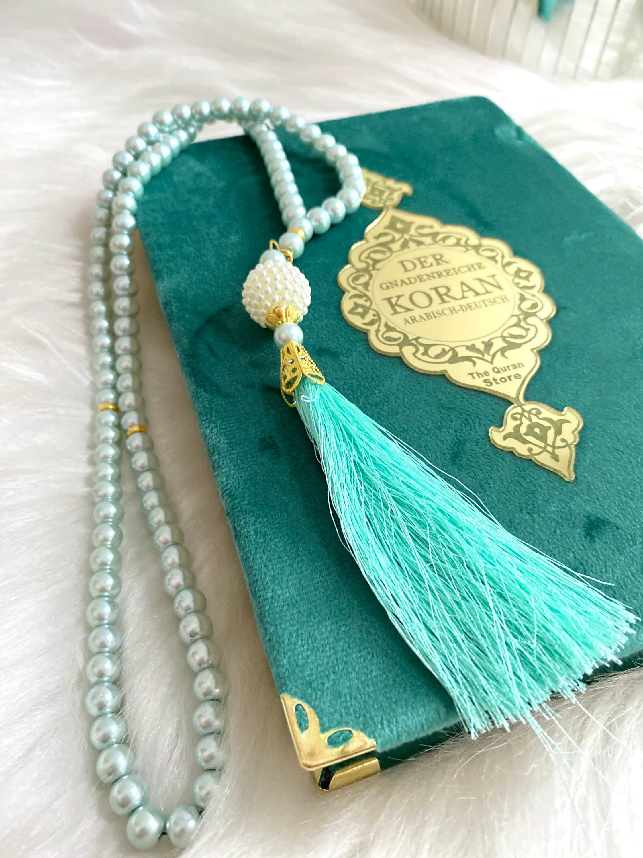 White German Quran, Muslim Ramadan Gift, Deutch Velvet Mirror Gold Quran Set and Pearl Tasbih, German Translation Quran, DhikrBeads, Misbaha - image 4