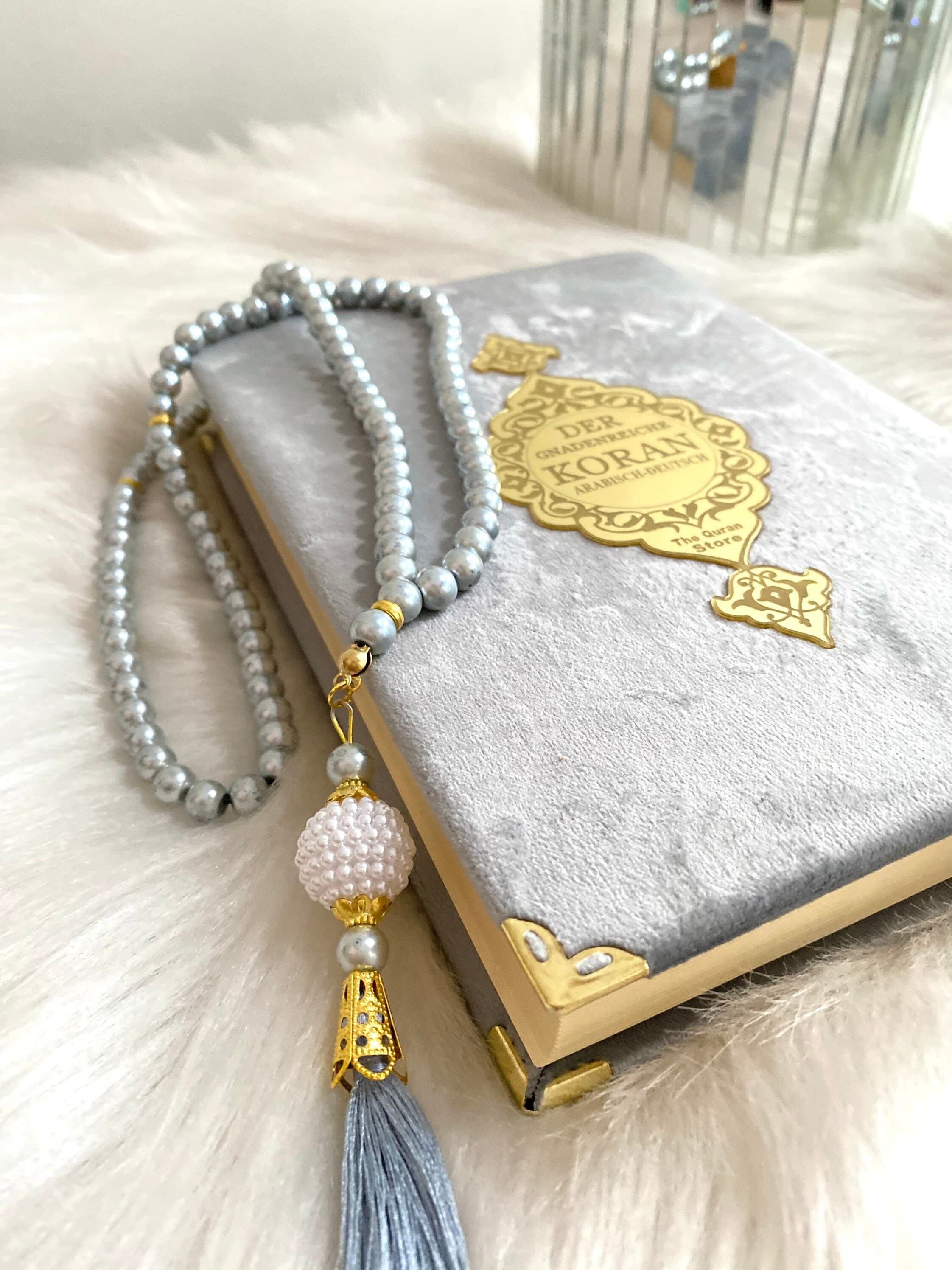 Silver German Quran, Ramadan Gift, Ramadan Kareem, Deutch Velvet Quran Set and Prayer Beads, German Translation, Misbaha Gift, Quran Gift - image 4
