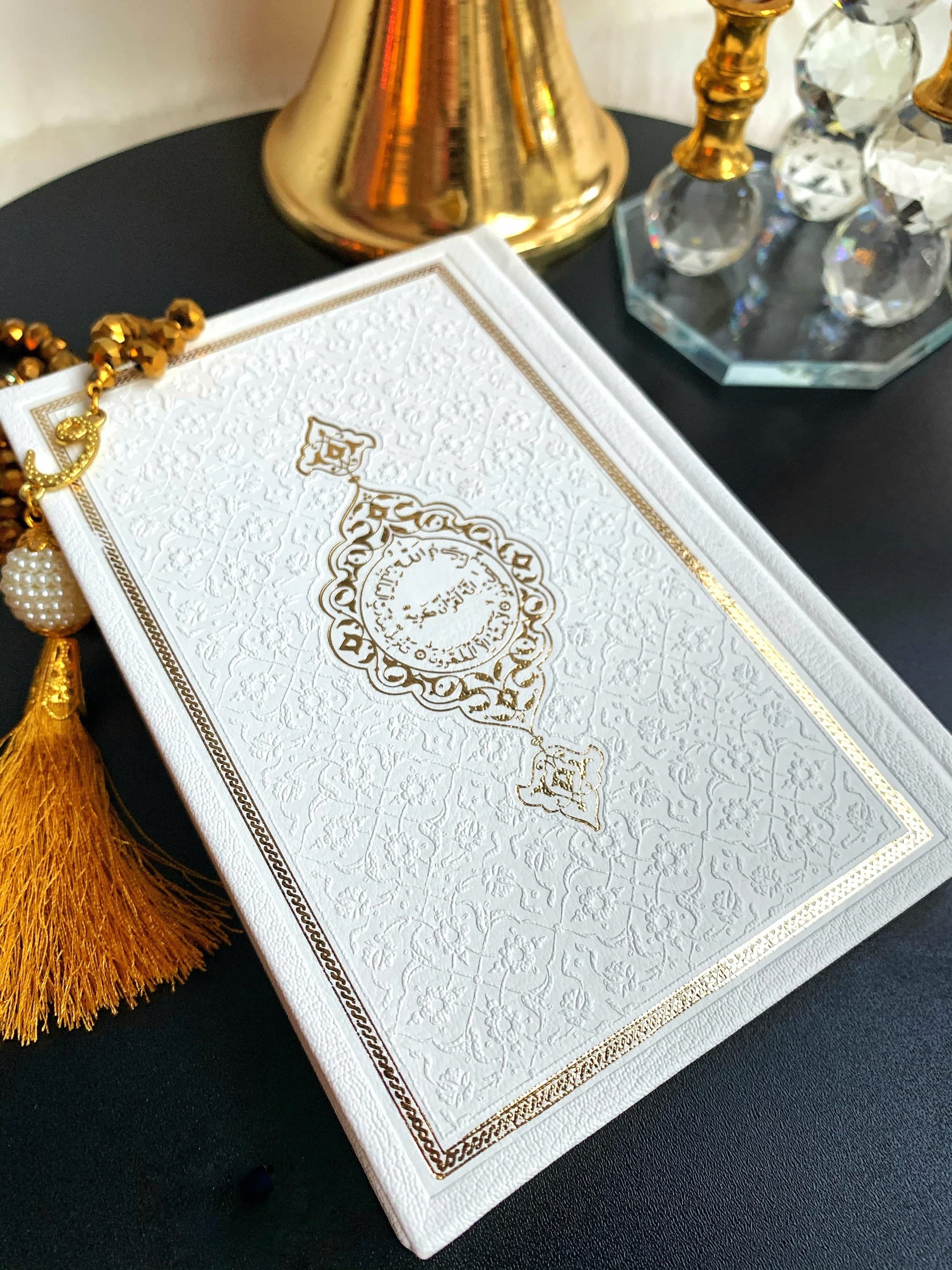Big Gold Arabic Quran, Ramadan Gift, Islamic Gift, Arabic Thermo Leather Quran Set, Prayer Rug, Crystal Tasbih, Eid-ul Fitr Gift,Muslim Gift