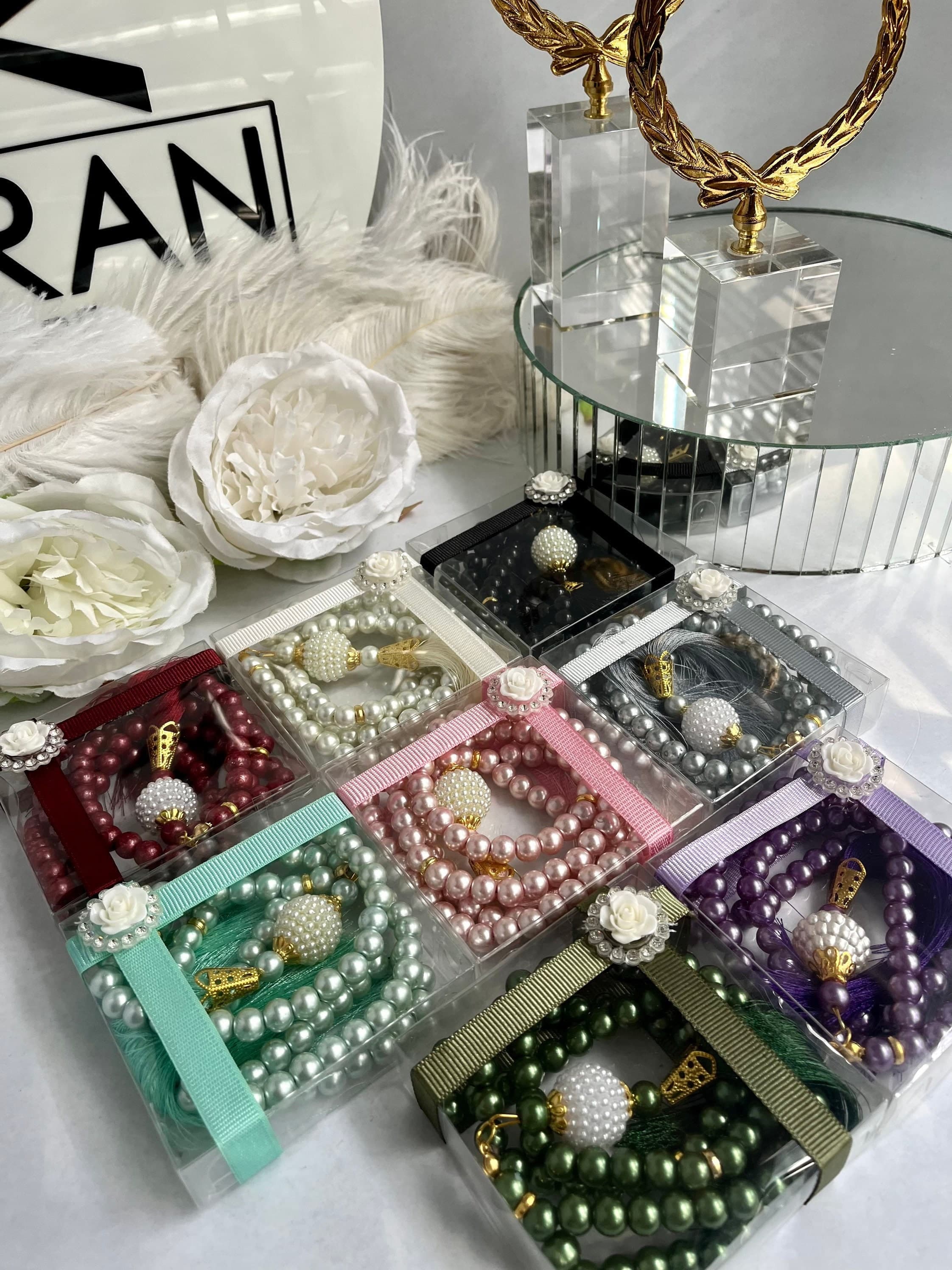 Green Tasbih Gifts, Handmade Pearl Misbaha Set, Ramadan Tasbih Favors, Ramadan Mubarak Gift, Eid-ul Fitr, Vav Tasbih, Masbaha, Aqiqah Favors - image 2