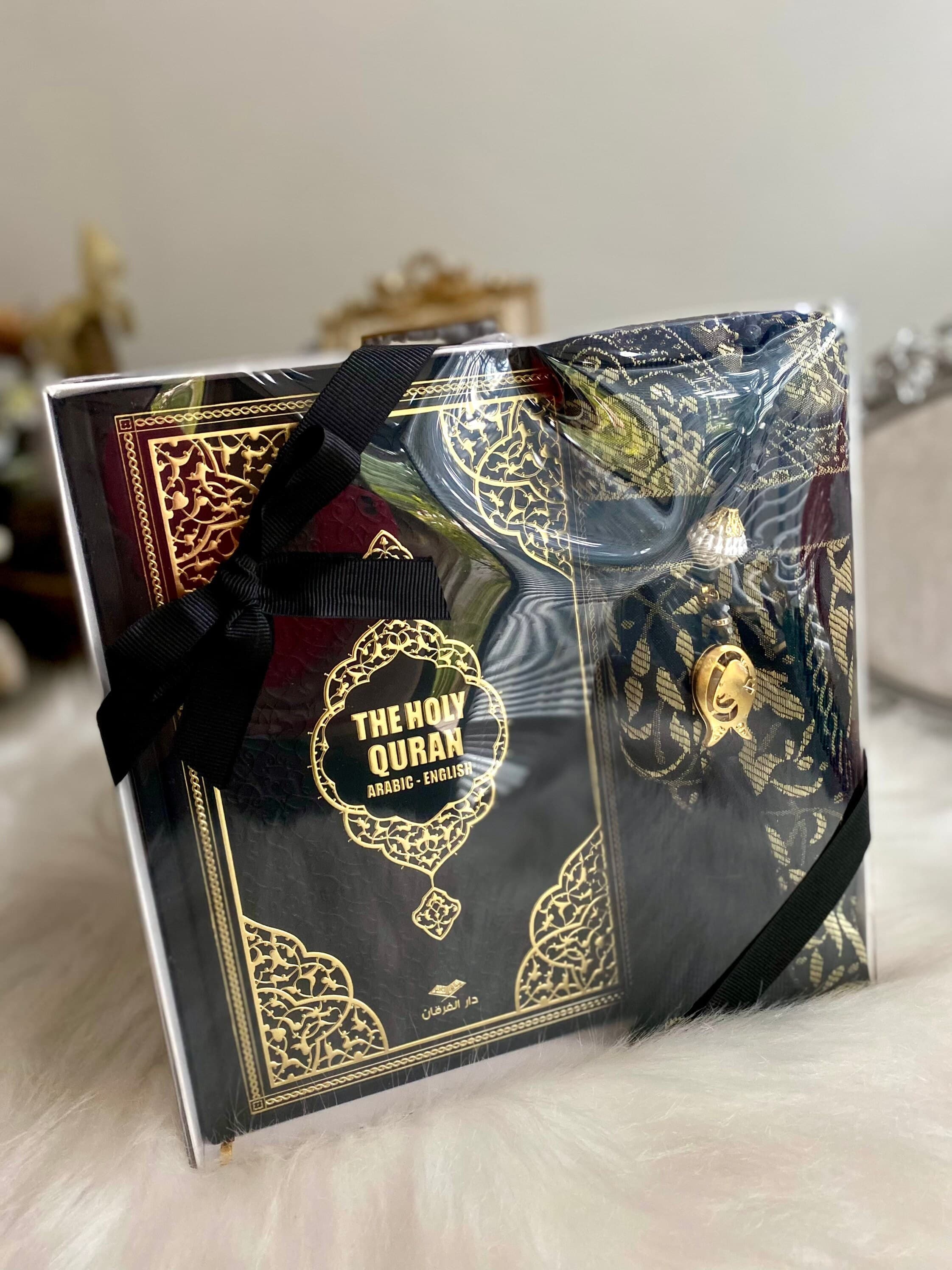 Gold English Translate Quran Gift, Ramadan Kareem Gift, Eid-ul Fitr, Islamic Gift, Prayer Rug Gift Set, Crystal Tasbih, Gold Leather Quran - image 5