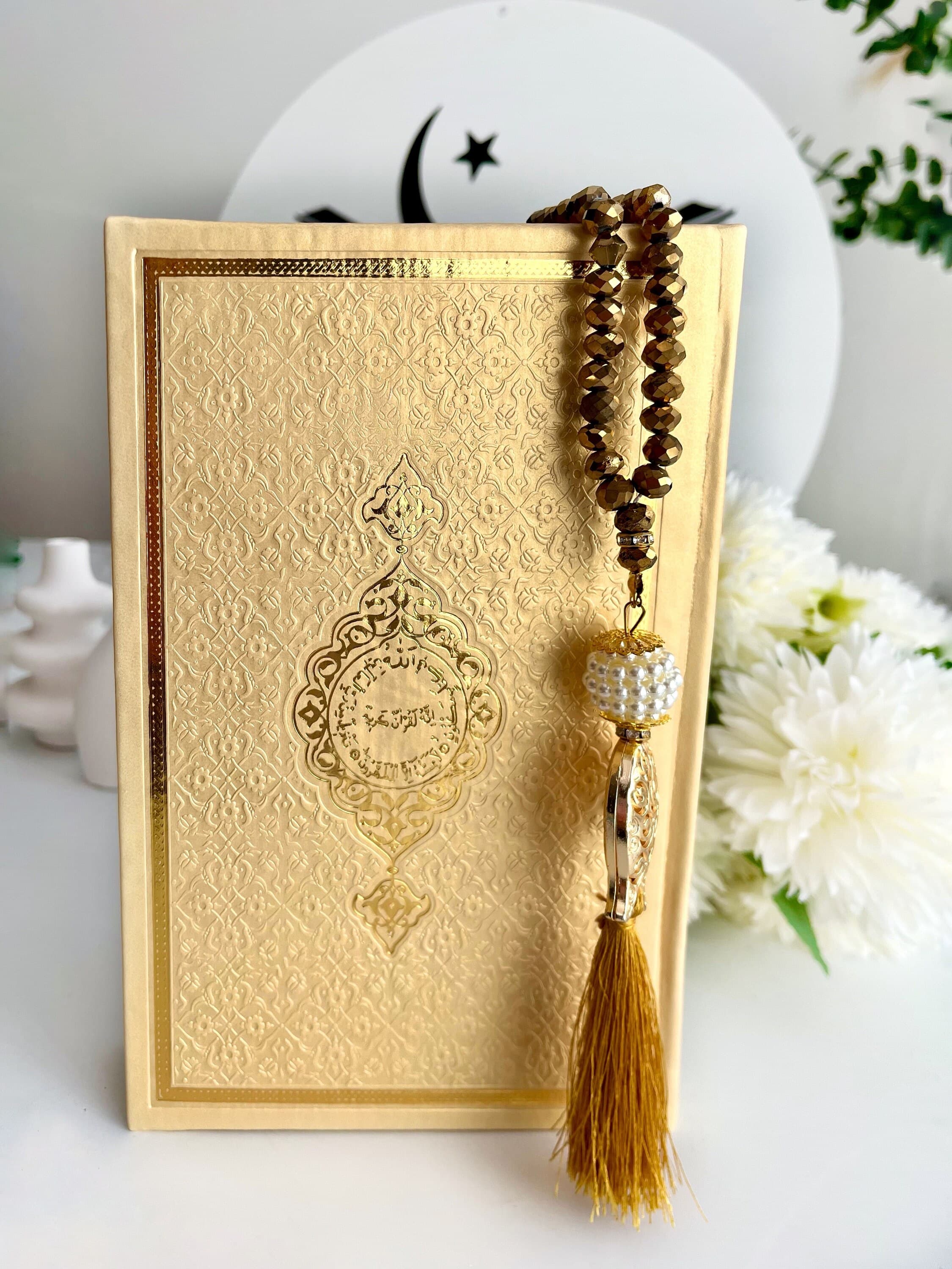 Medium Gold Arabic Quran, Special Quran Gift for Muslim Friend, Ramadan Gift, Islamic Eid Gift, Arabic Leather Quran, Prayer Rug, Tasbih - image 4