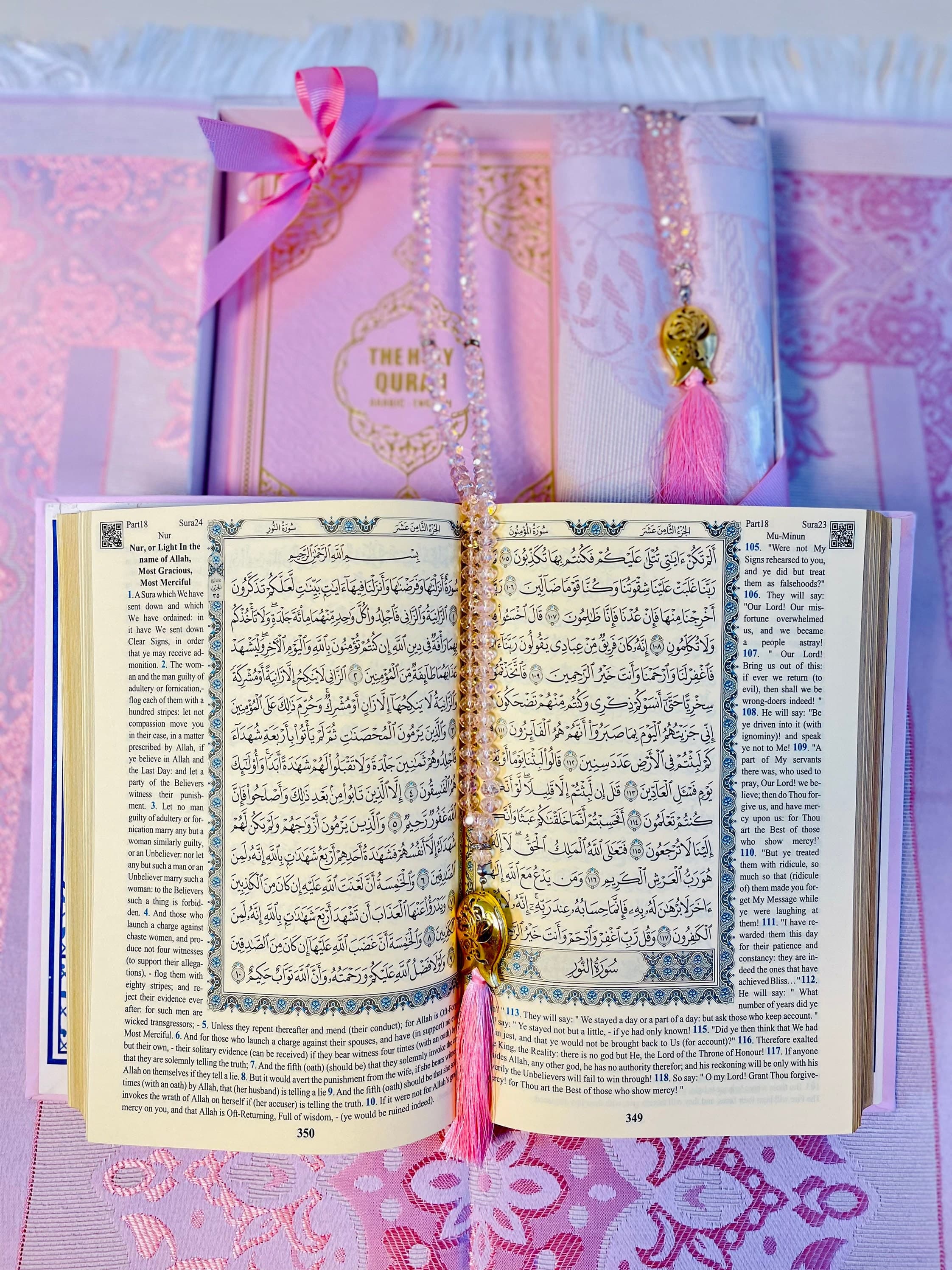 Pink English Quran, Eid-al-Adha Gifts, Islamic Gift, English Thermo Leather Pink Quran Set, Prayer Rug, Crystal Tasbih, Ramadan Kareem, Eid - image 4