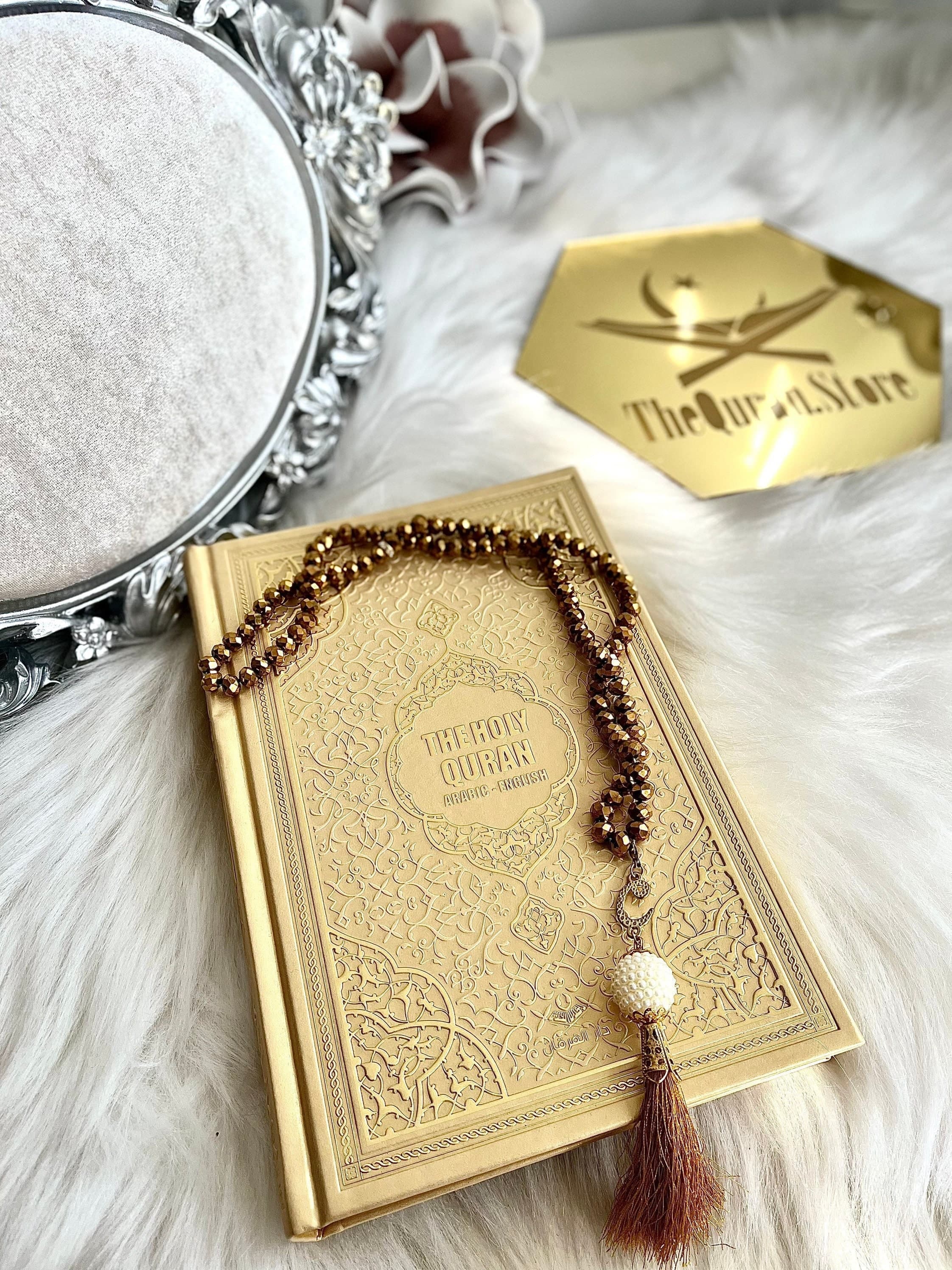 Gold Leather Quran Gift Set, English Translation, Prayer Rug, Tasbih