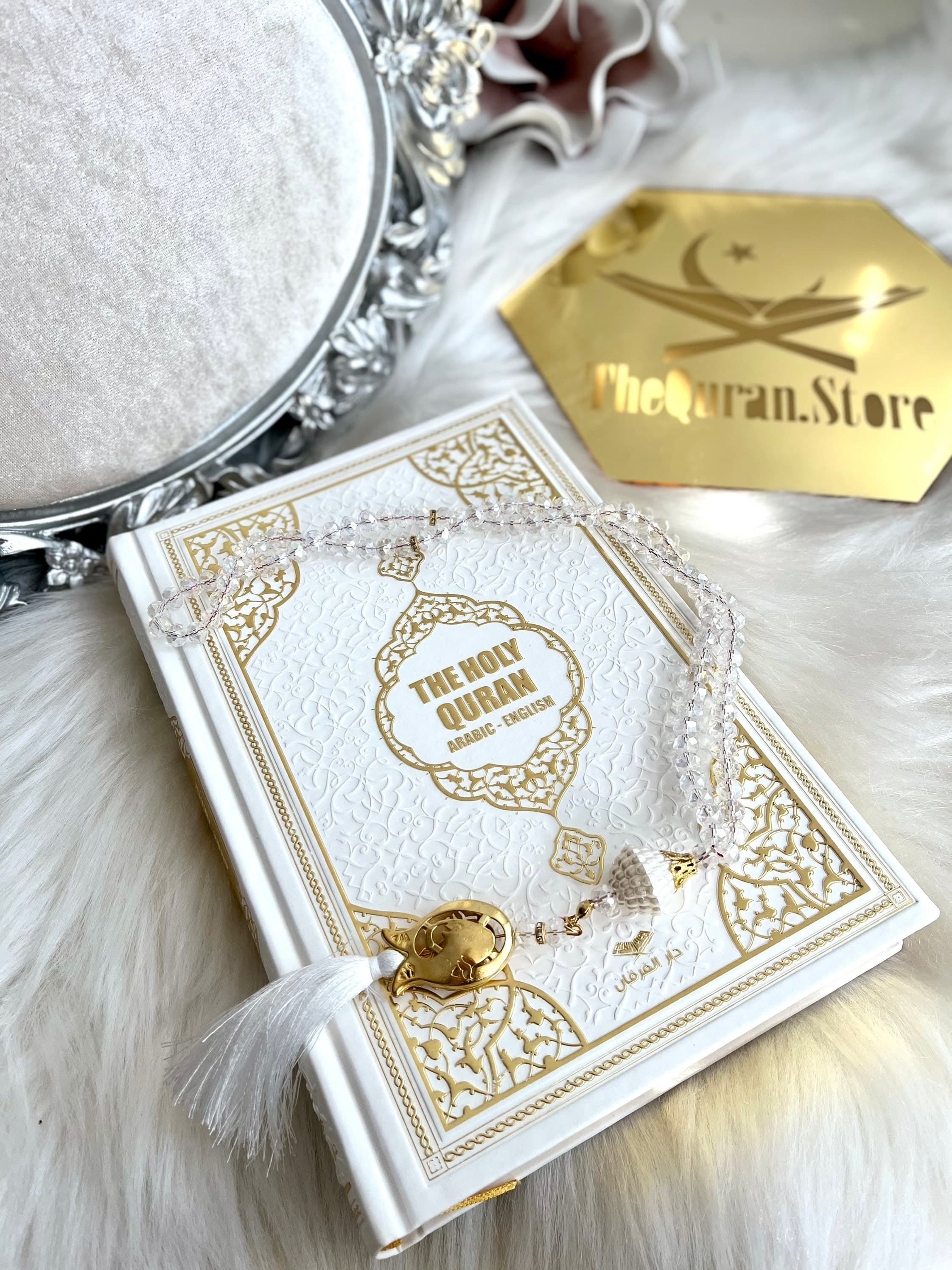 White English Quran, Ramadan Gift, Islamic Eid Gift, English Thermo Leather Pink Quran Set, Prayer Rug, Crystal Tasbih, Translate Quran Gift