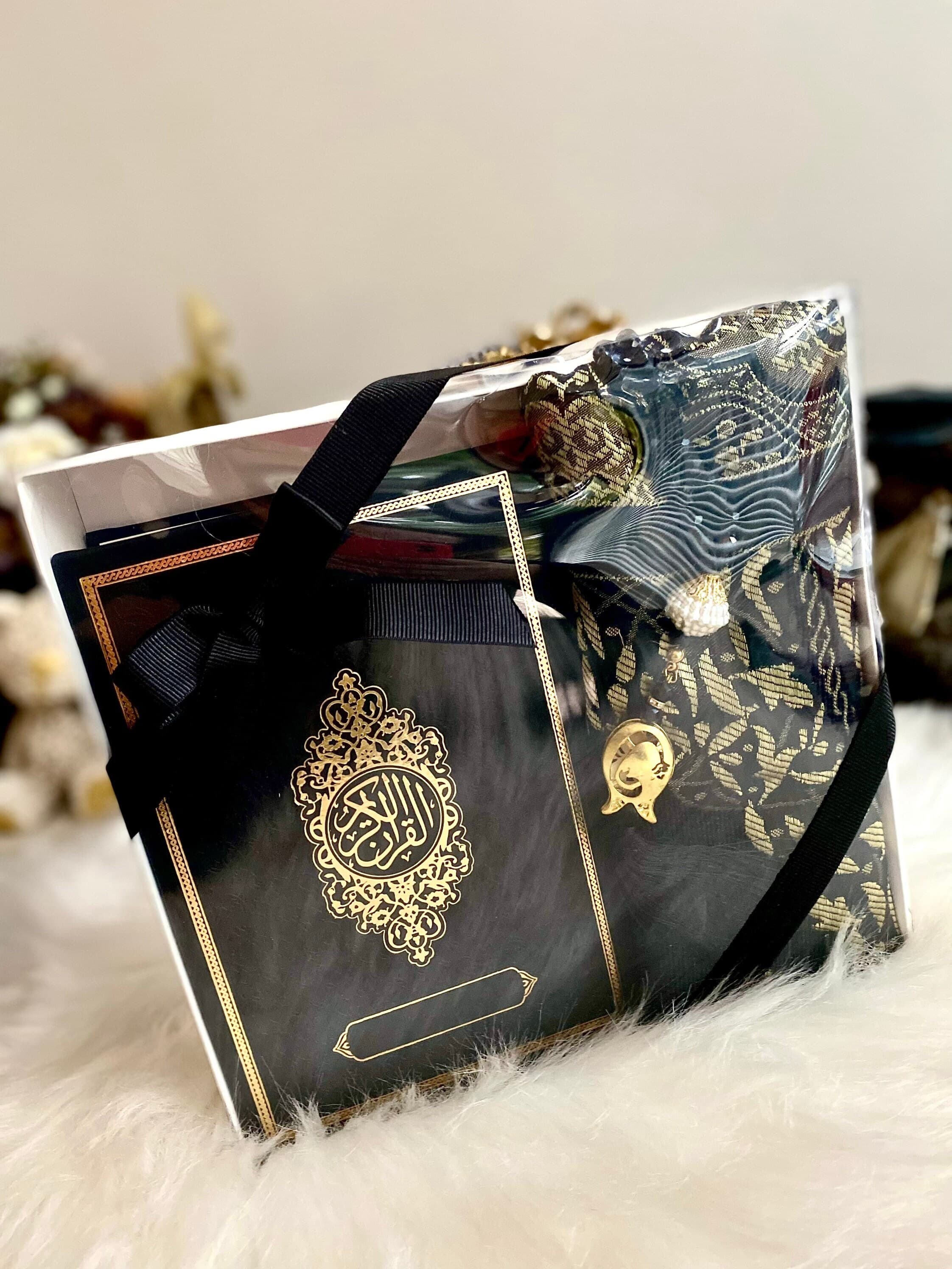 Gold English Translate Quran Gift, Ramadan Kareem Gift, Eid-ul Fitr, Islamic Gift, Prayer Rug Gift Set, Crystal Tasbih, Gold Leather Quran - image 4