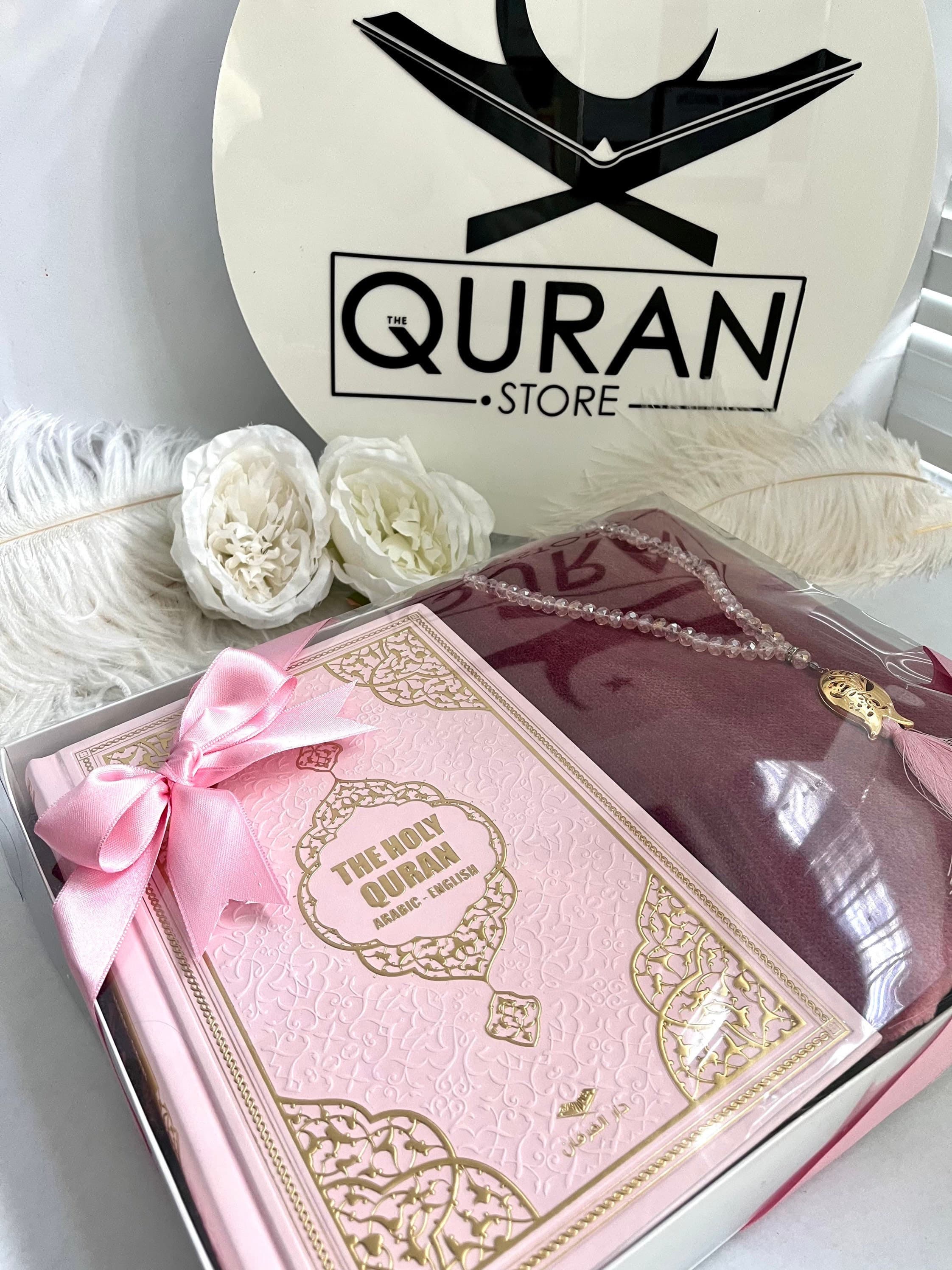 Pink English Quran, Ramadan Gift, Ramadan Gift, Eid Gift, English Leather Quran Set, Thick Prayer Rug, Crystal Tasbih, Translate Quran Gift